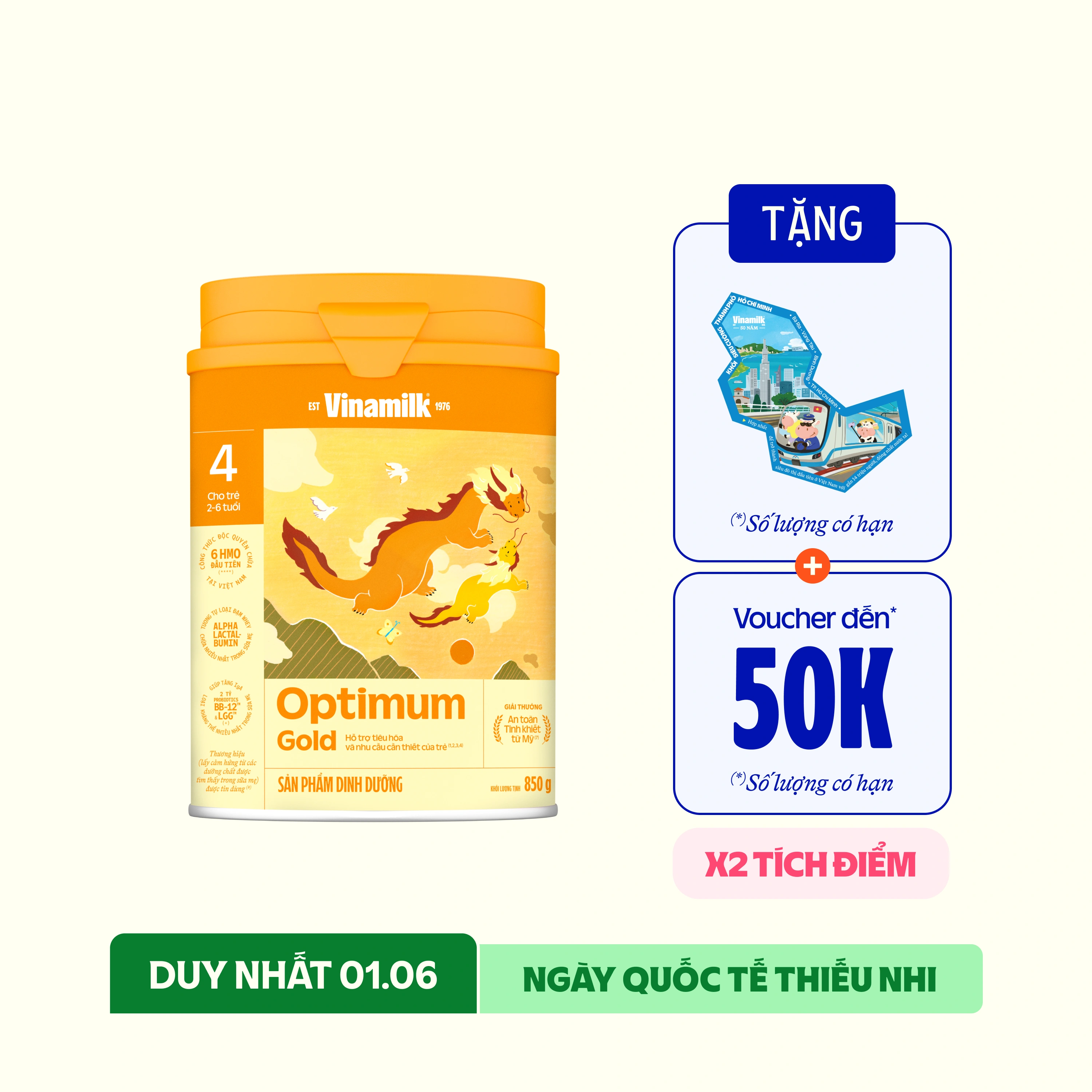Sữa bột trẻ em Optimum Gold 4 (2-6 tuổi) 850g