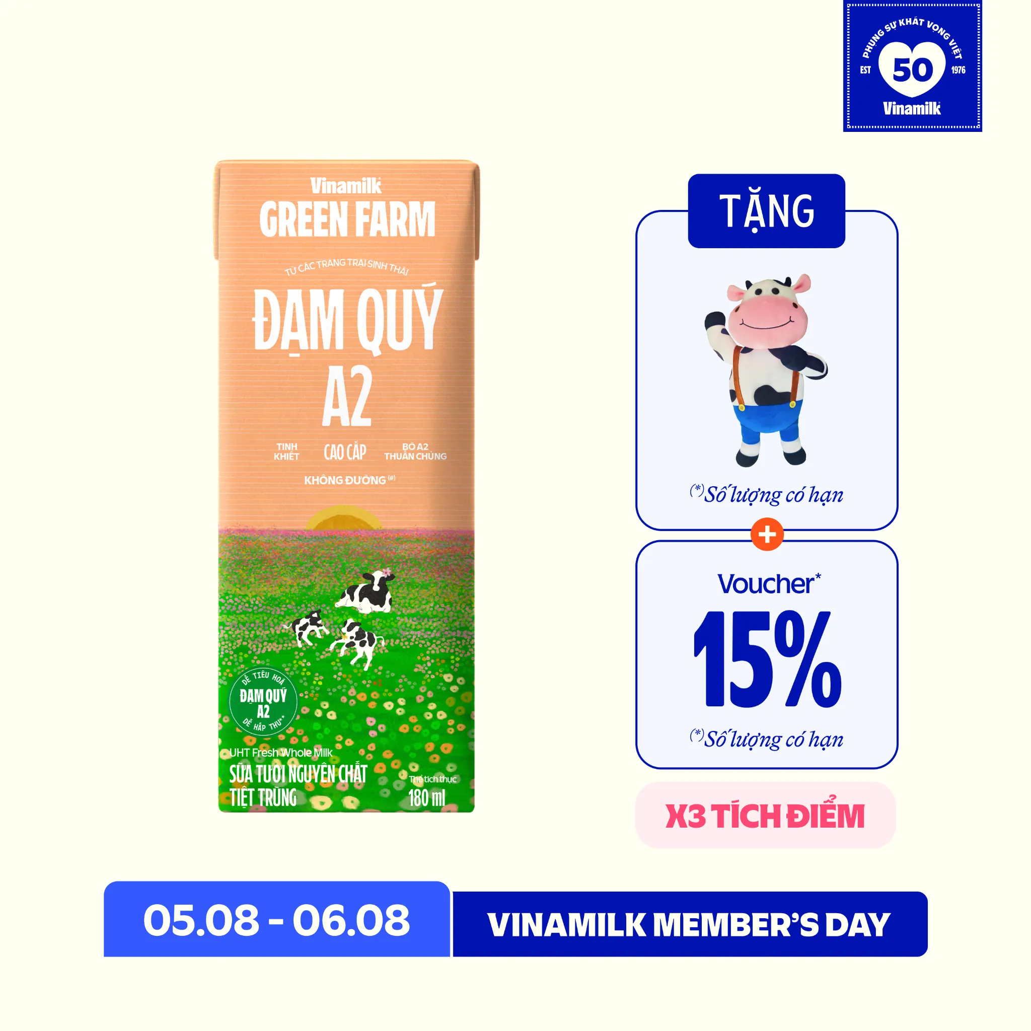 Sữa tươi tiệt trùng Green Farm A2 không đường 180ml