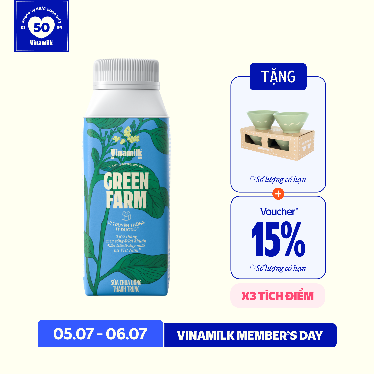 Sữa chua uống thanh trùng Green Farm Ít Đường 200ml