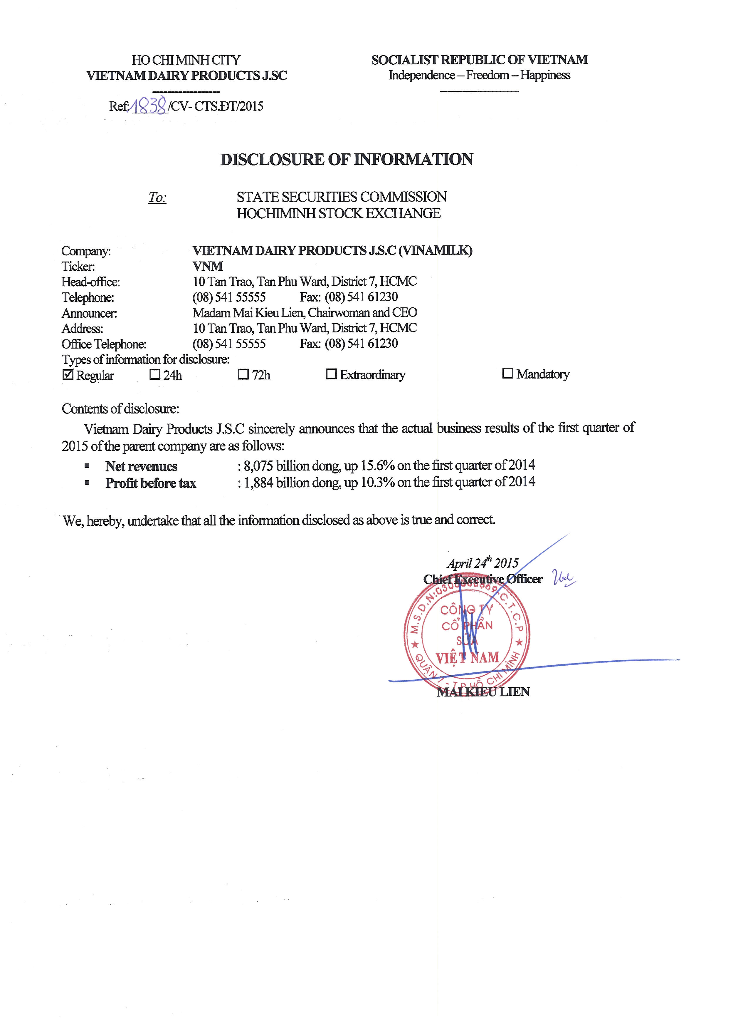 Estimate of net revenues and profit of Q1/2015 1