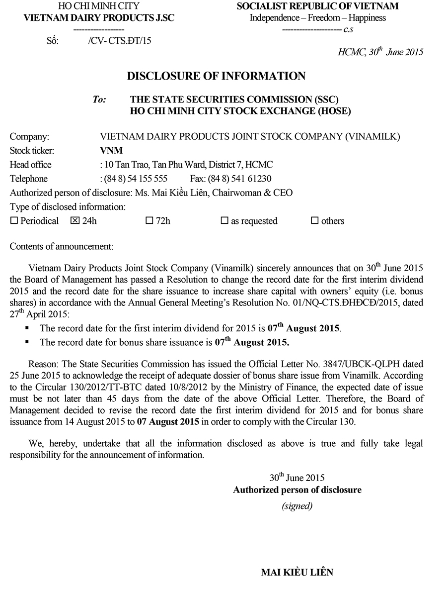 Disclosure of information regarding to change the record date for the first interim dividend 2015 and the record date for the share issuance to increase share capital with owners’ equity 1