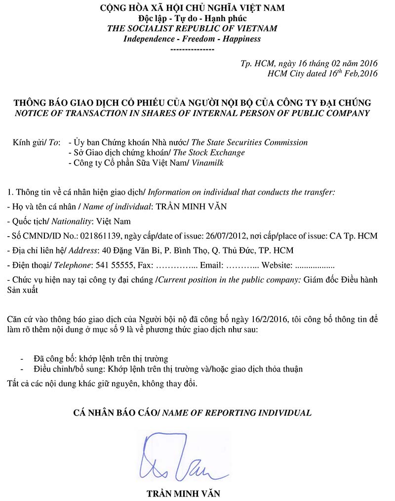 Notice of transaction in shares of internal person of public company (Adding) - Tran Minh Van 1