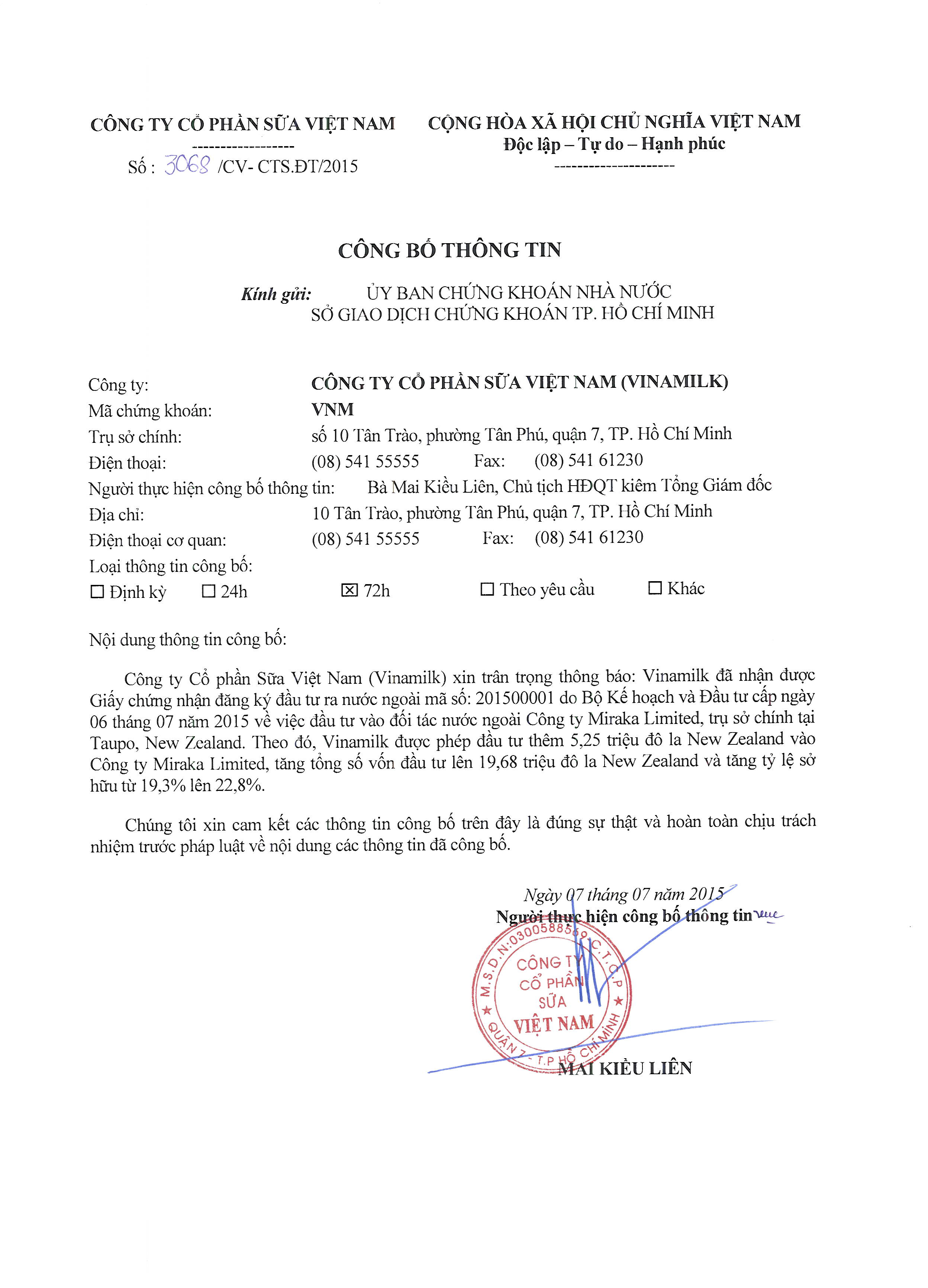 Công bố thông tin về việc nhận giấy chứng nhận đầu tư vào công ty Miraka (New Zealand) 1