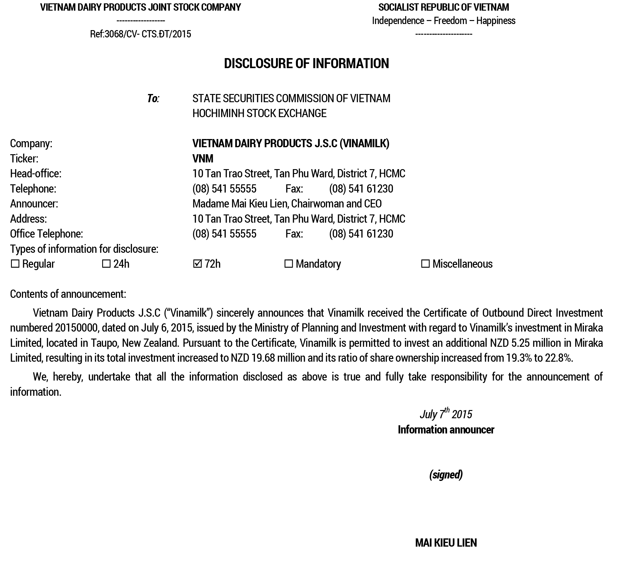 Disclosure of Information regarding to Vinamilk's investment in Miraka Limited, New Zealand 1