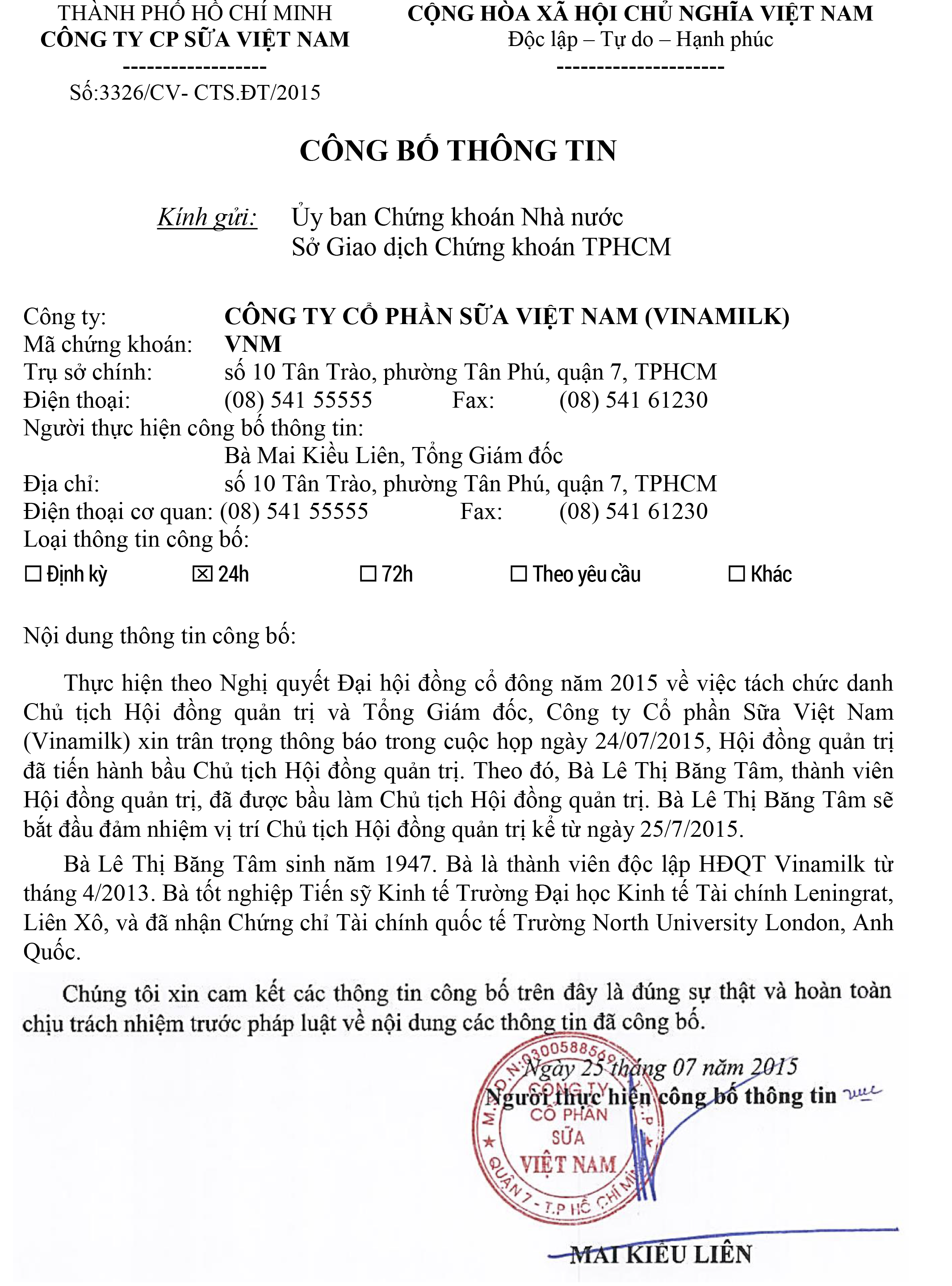 Công bố thông tin về việc tách chức danh Chủ tịch Hội đồng quản trị và Tổng giám đốc 1