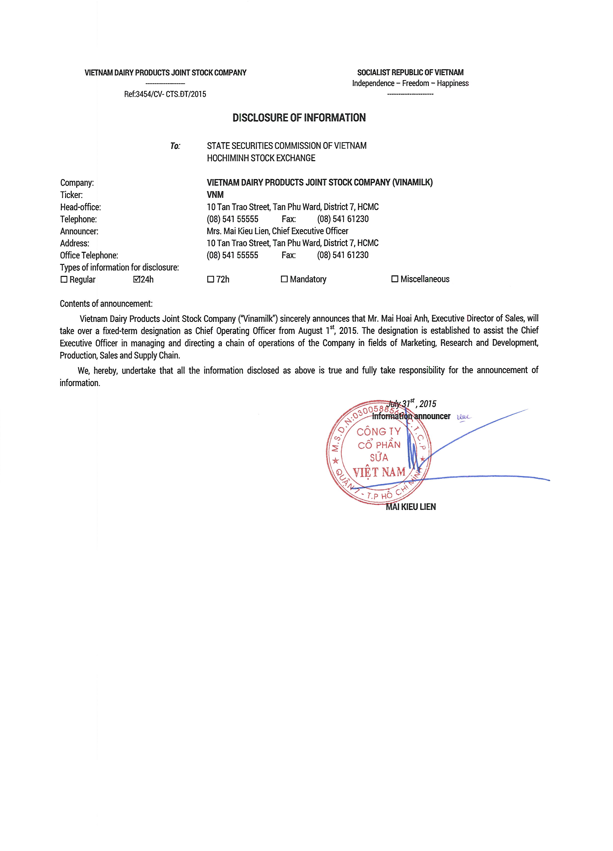 Disclosure of information regarding to new Chief Operating Officer position 1