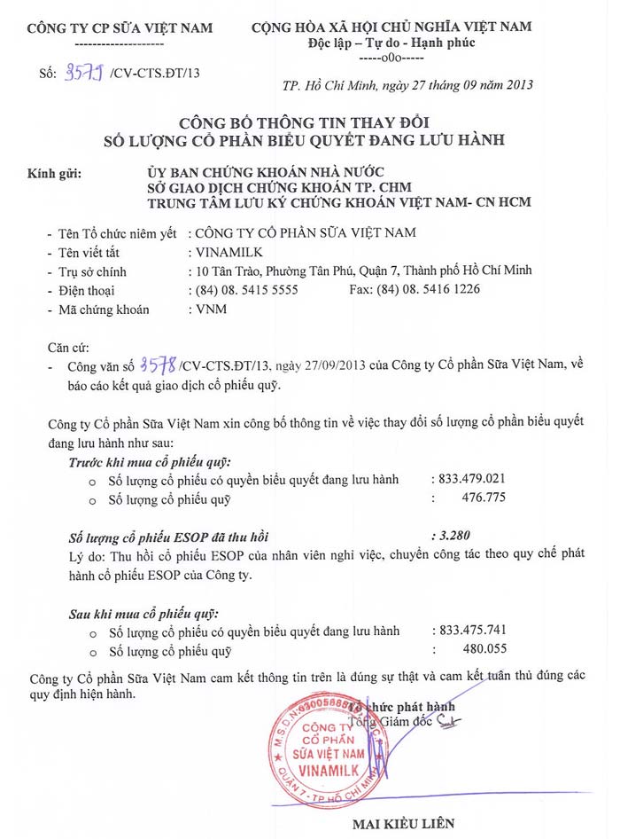 Công bố thông tin thay đổi số lượng cổ phần biểu quyết đang lưu hành 27/9/2013 1