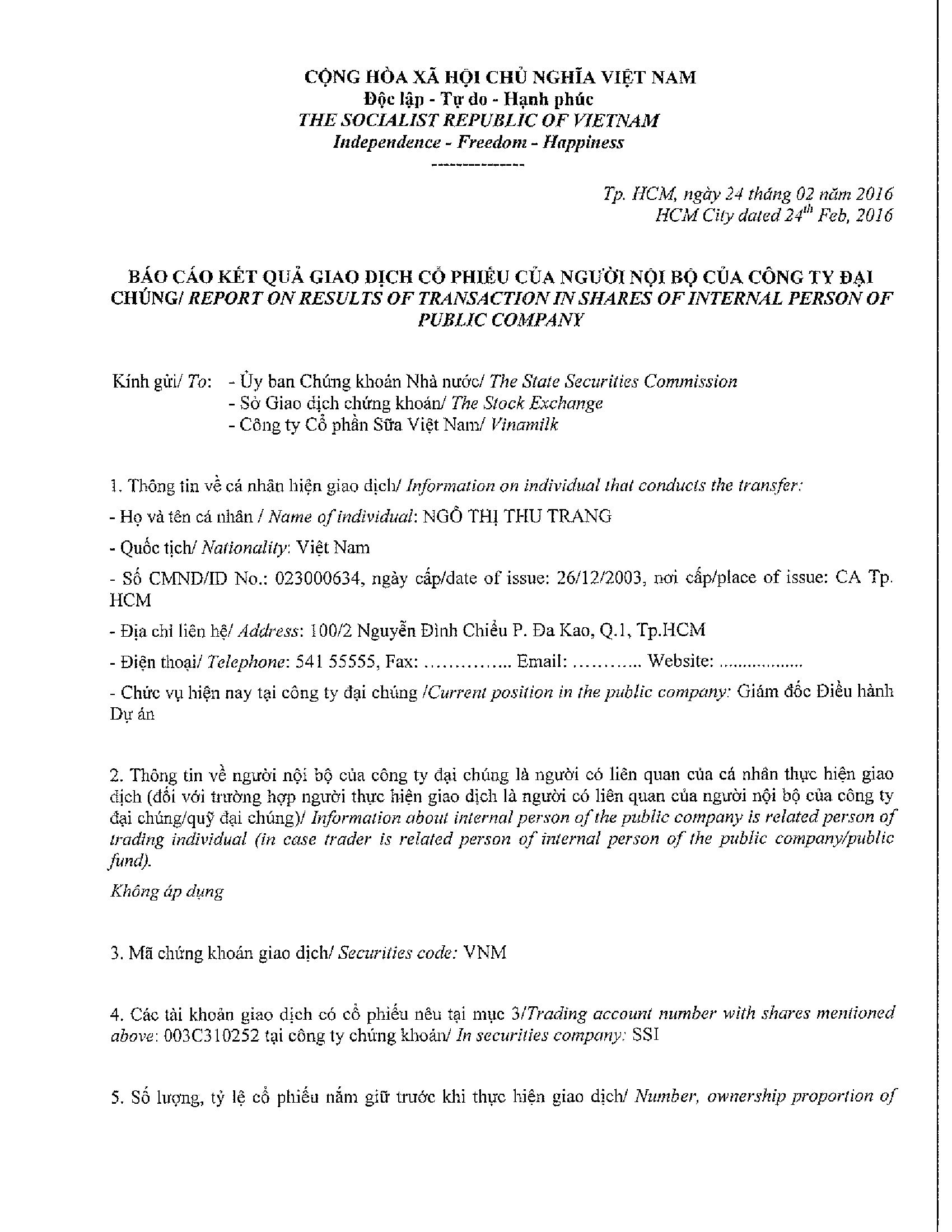 Notice of transaction in shares of internal person of public company (Adding) - Ngo Thi Thu Trang 1
