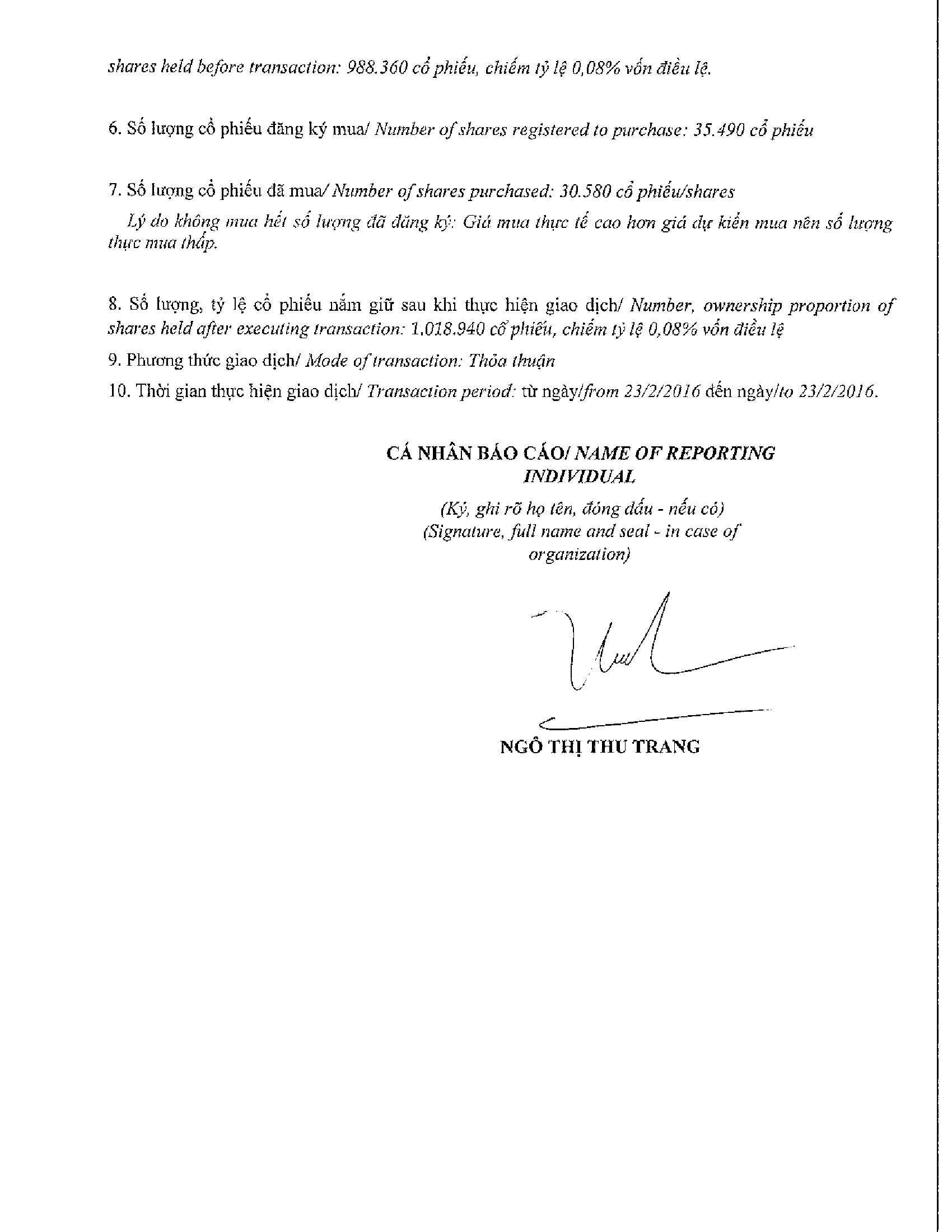 Vinamilk thông báo giao dịch cổ phiếu của người nội bộ của công ty đại chúng (Bổ sung) - Ngô Thị Thu Trang 2