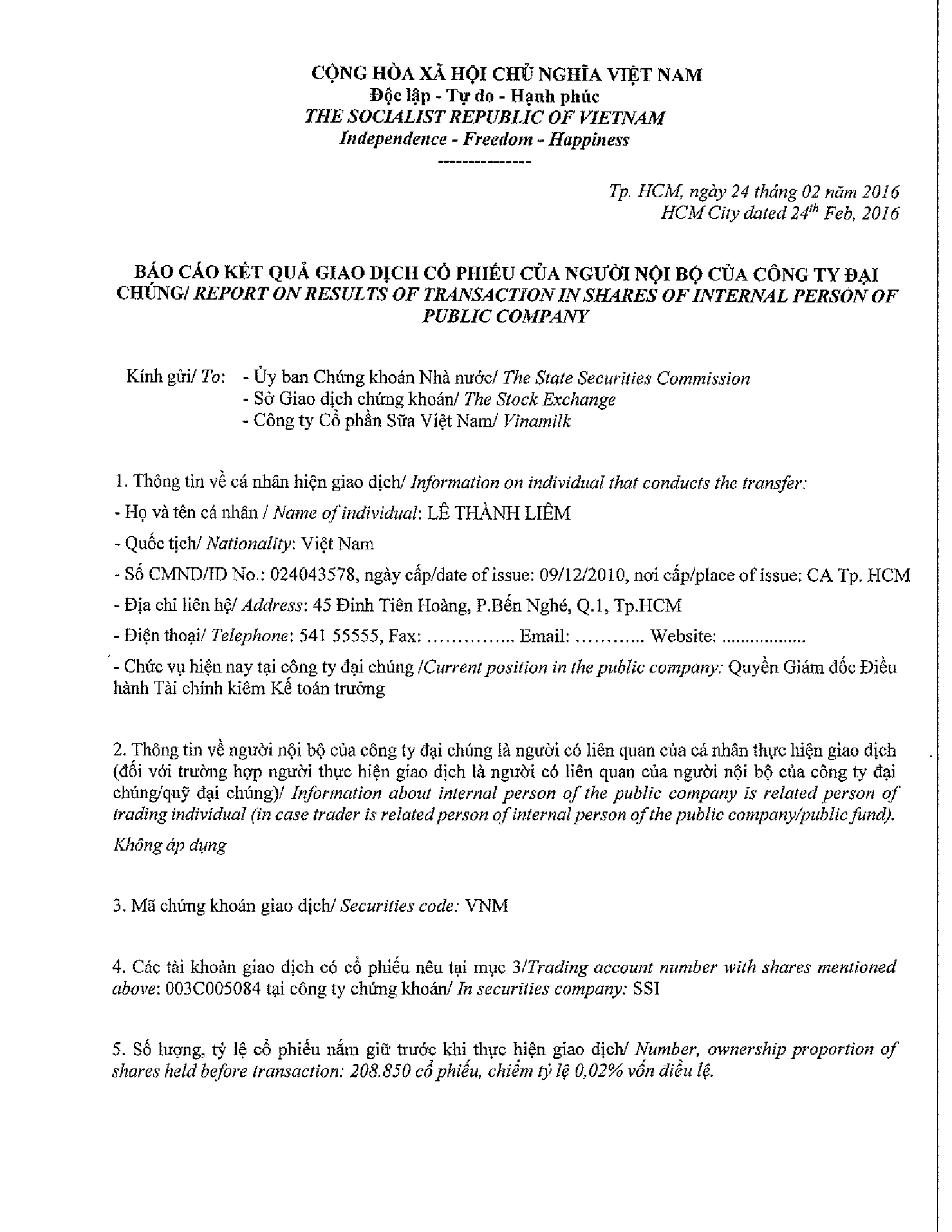 Vinamilk thông báo giao dịch cổ phiếu của người nội bộ của công ty đại chúng (Bổ sung) - Lê Thành Liêm 1