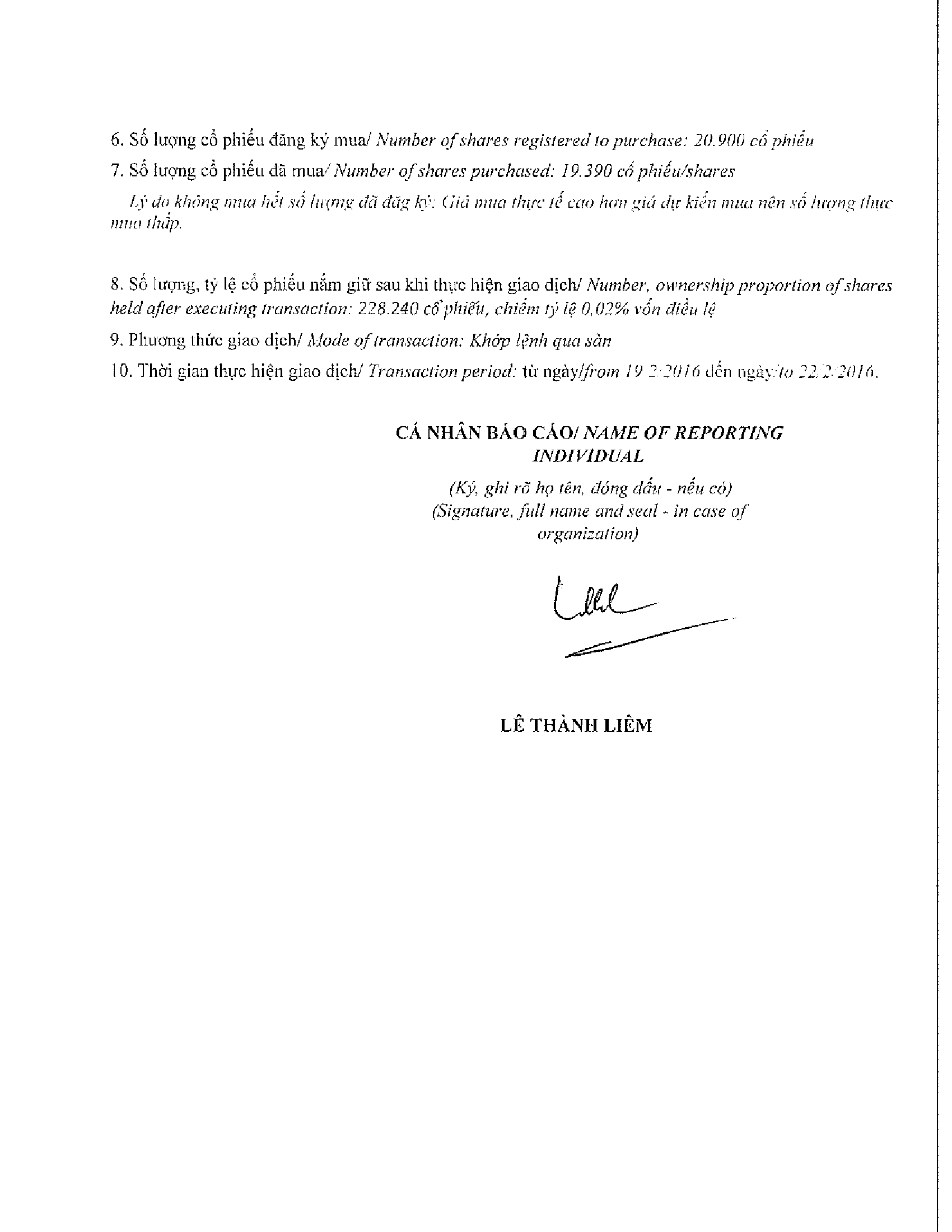 Vinamilk thông báo giao dịch cổ phiếu của người nội bộ của công ty đại chúng (Bổ sung) - Lê Thành Liêm 2