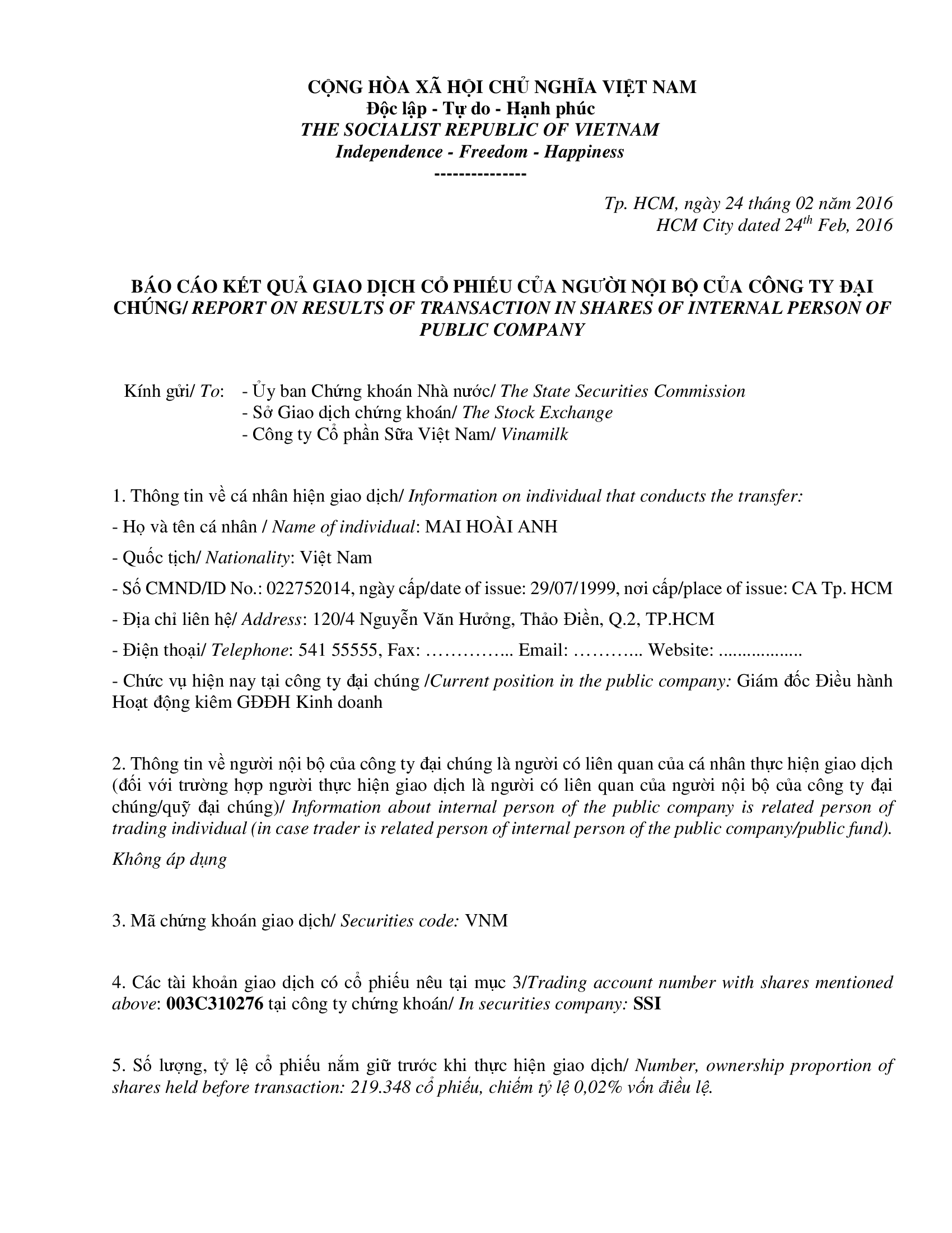 Vinamilk thông báo giao dịch cổ phiếu của người nội bộ của công ty đại chúng (Bổ sung) - Mai Hoài Anh 1