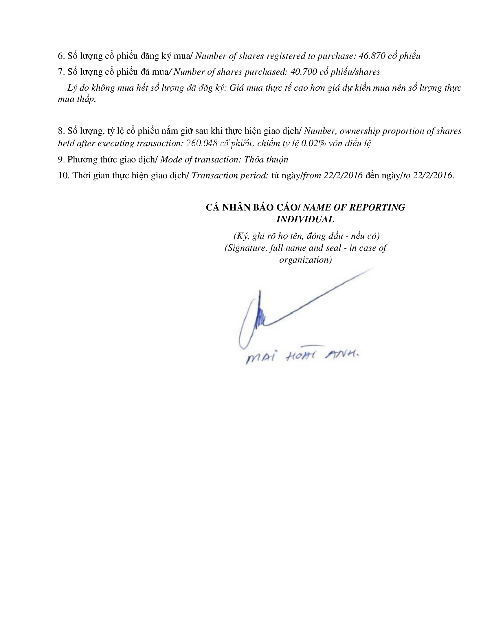 Vinamilk thông báo giao dịch cổ phiếu của người nội bộ của công ty đại chúng (Bổ sung) - Mai Hoài Anh 2