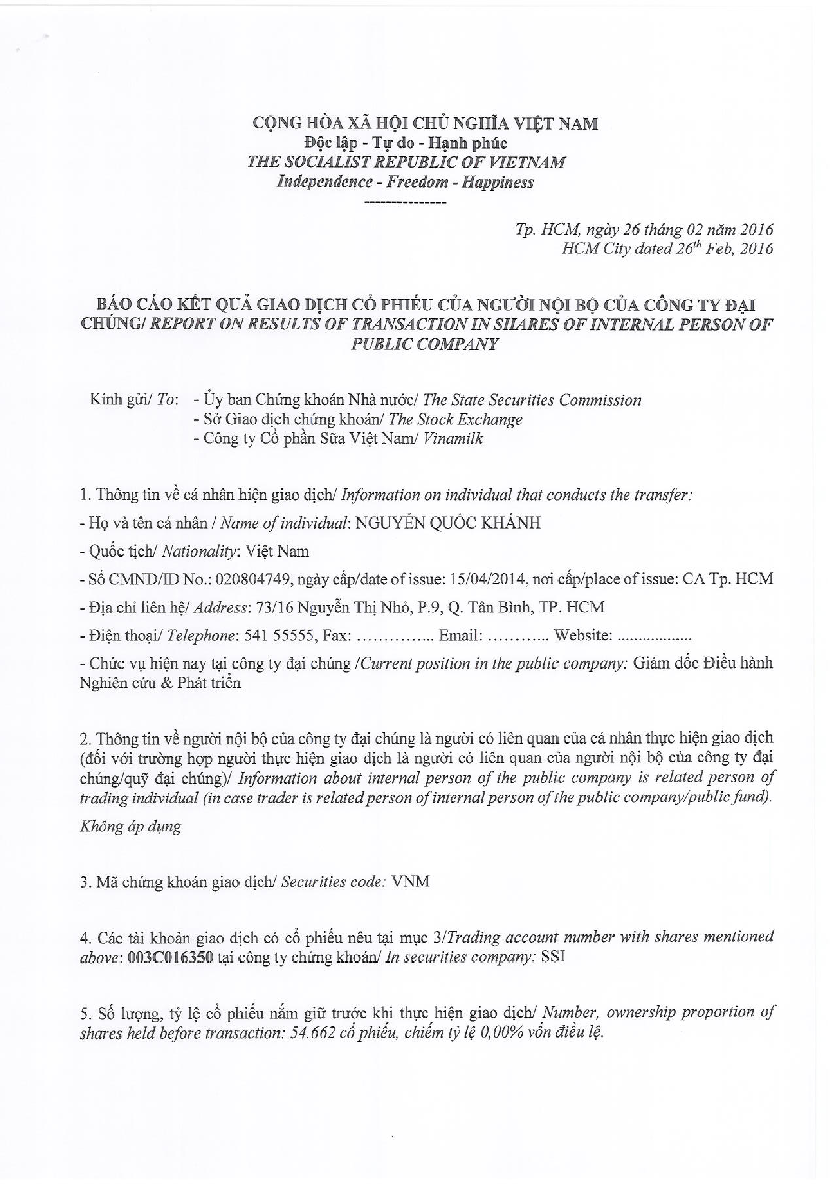 Vinamilk thông báo giao dịch cổ phiếu của người nội bộ của công ty đại chúng (Bổ sung) - Nguyễn Quốc Khánh 1