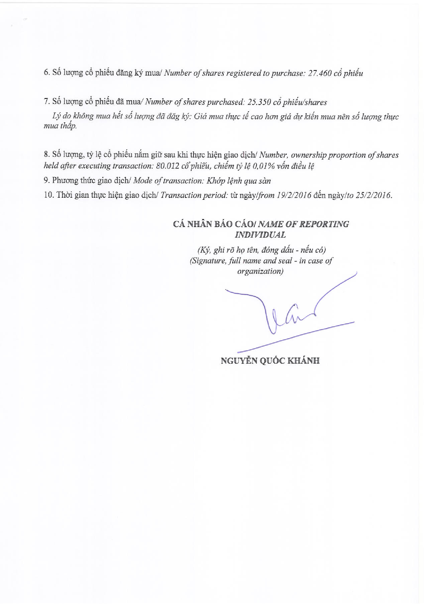 Vinamilk thông báo giao dịch cổ phiếu của người nội bộ của công ty đại chúng (Bổ sung) - Nguyễn Quốc Khánh 2