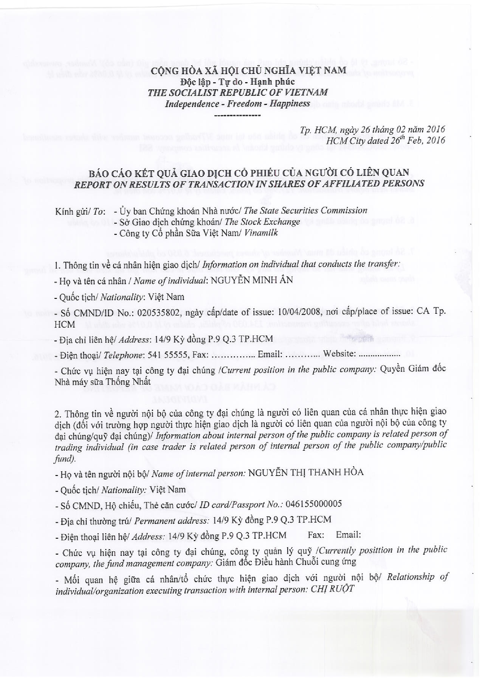 Vinamilk thông báo giao dịch cổ phiếu của người nội bộ của công ty đại chúng (Bổ sung) - Nguyễn Minh Ấn 1