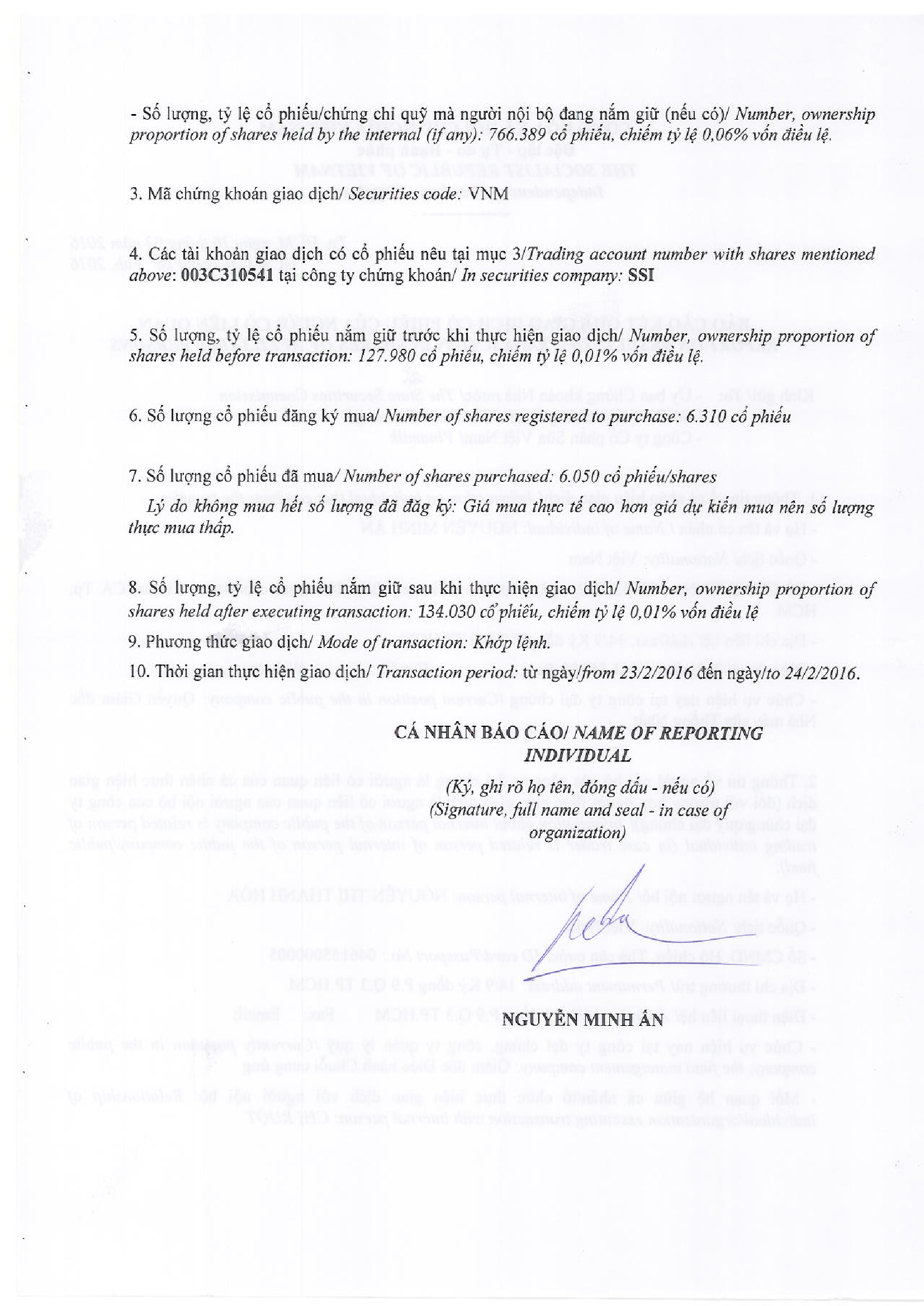 Vinamilk thông báo giao dịch cổ phiếu của người nội bộ của công ty đại chúng (Bổ sung) - Nguyễn Minh Ấn 2