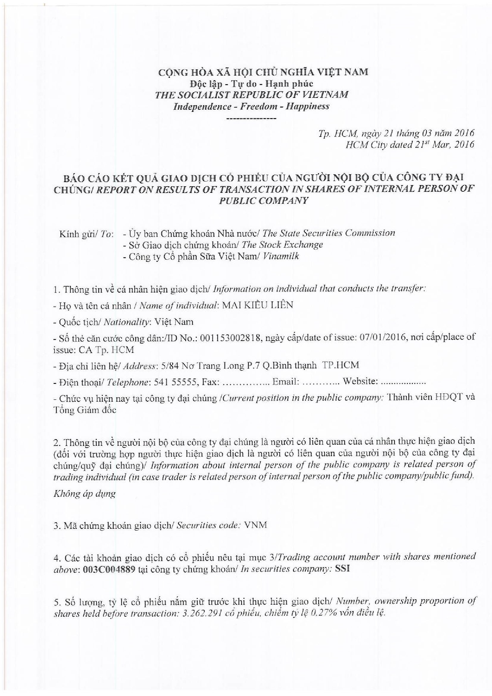 Report of results of transaction in shares of internal person of public company - Mai Kieu Lien 1