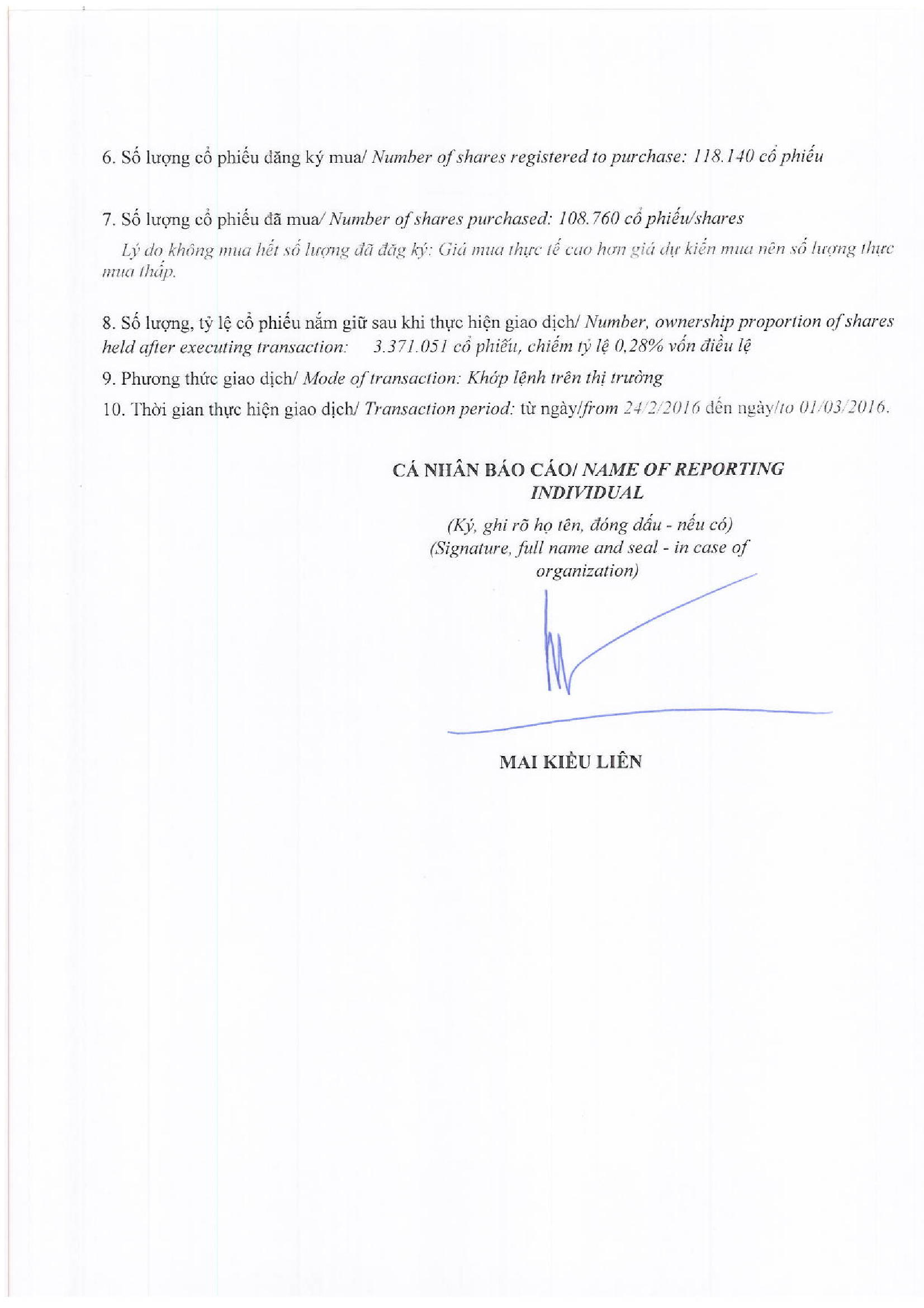 Report of results of transaction in shares of internal person of public company - Mai Kieu Lien 2