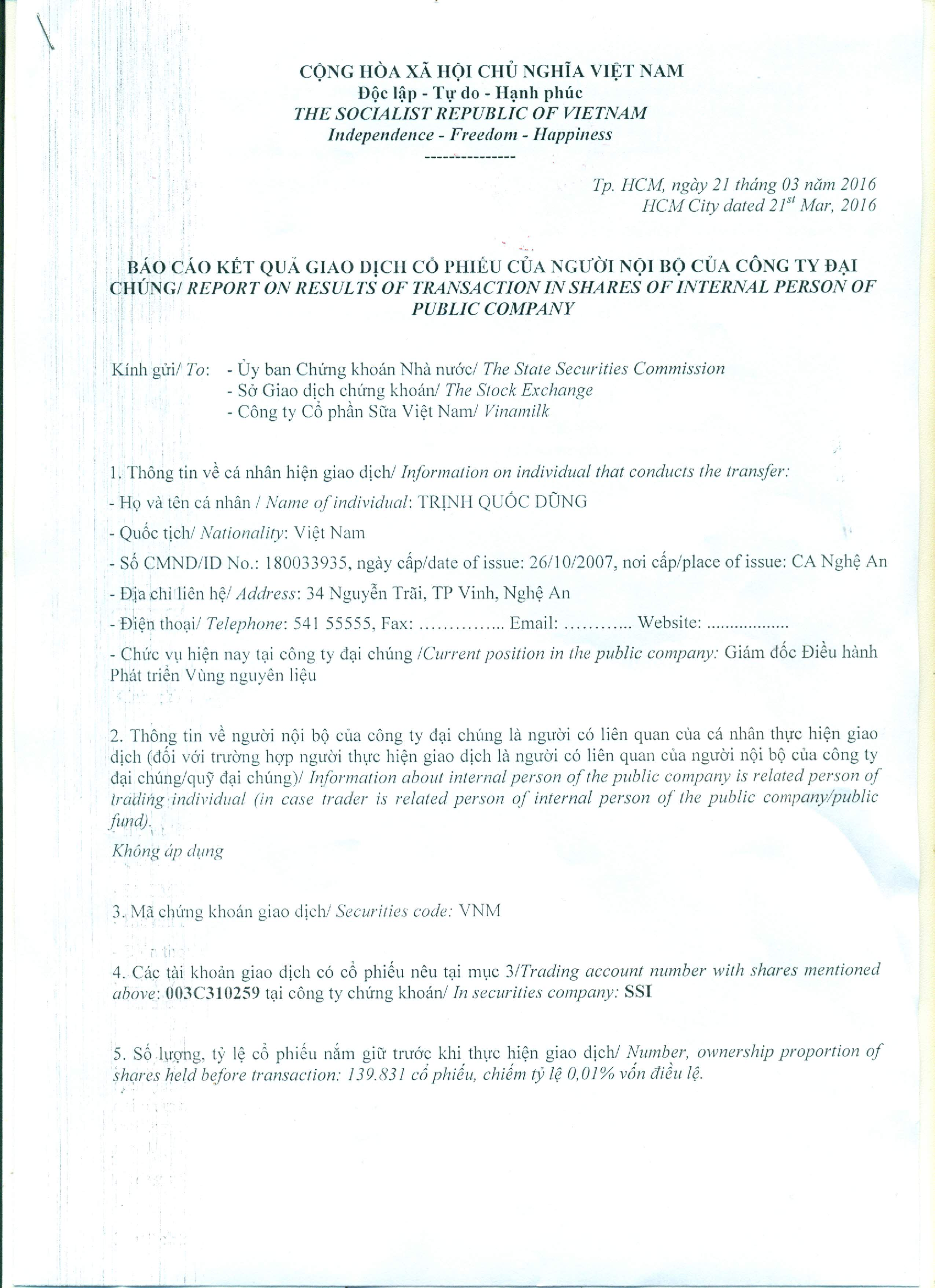Báo cáo kết quả giao dịch cổ phiếu của người nội bộ - Trịnh Quốc Dũng 1