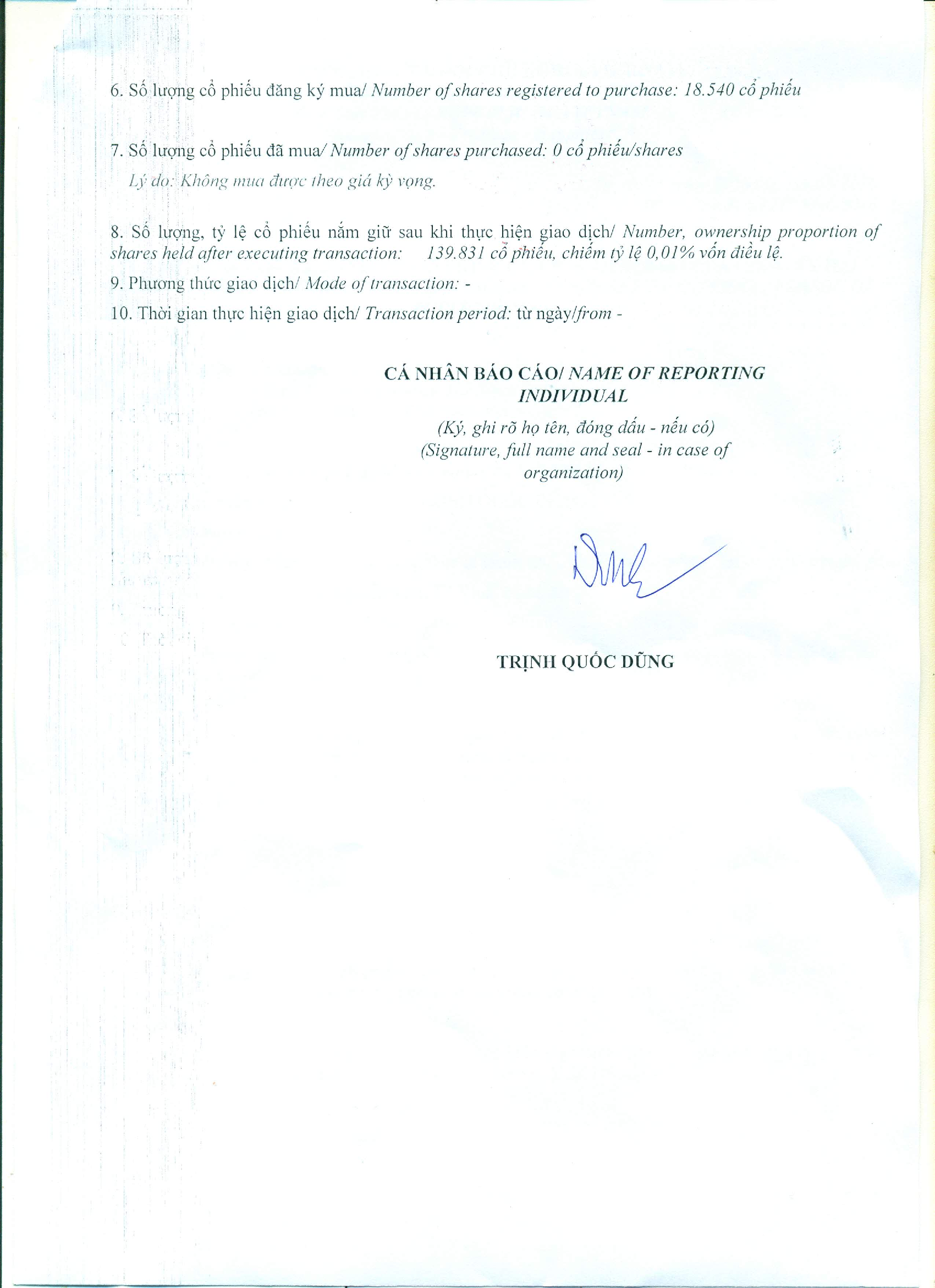 Report of results of transaction in shares of internal person of public company - Trinh Quoc Dung 2
