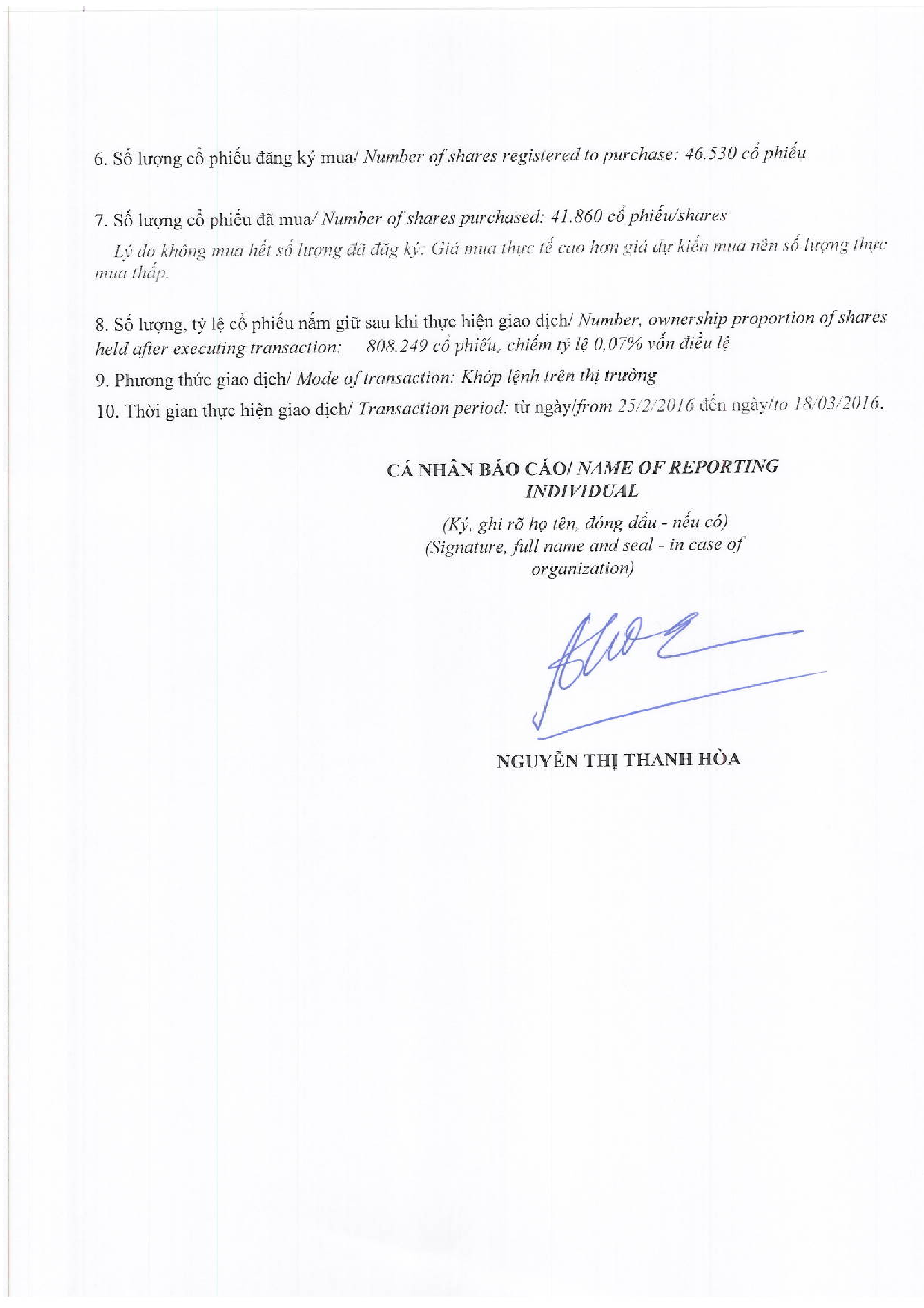 Báo cáo kết quả giao dịch cổ phiếu của người nội bộ - Nguyễn Thị Thanh Hòa 2