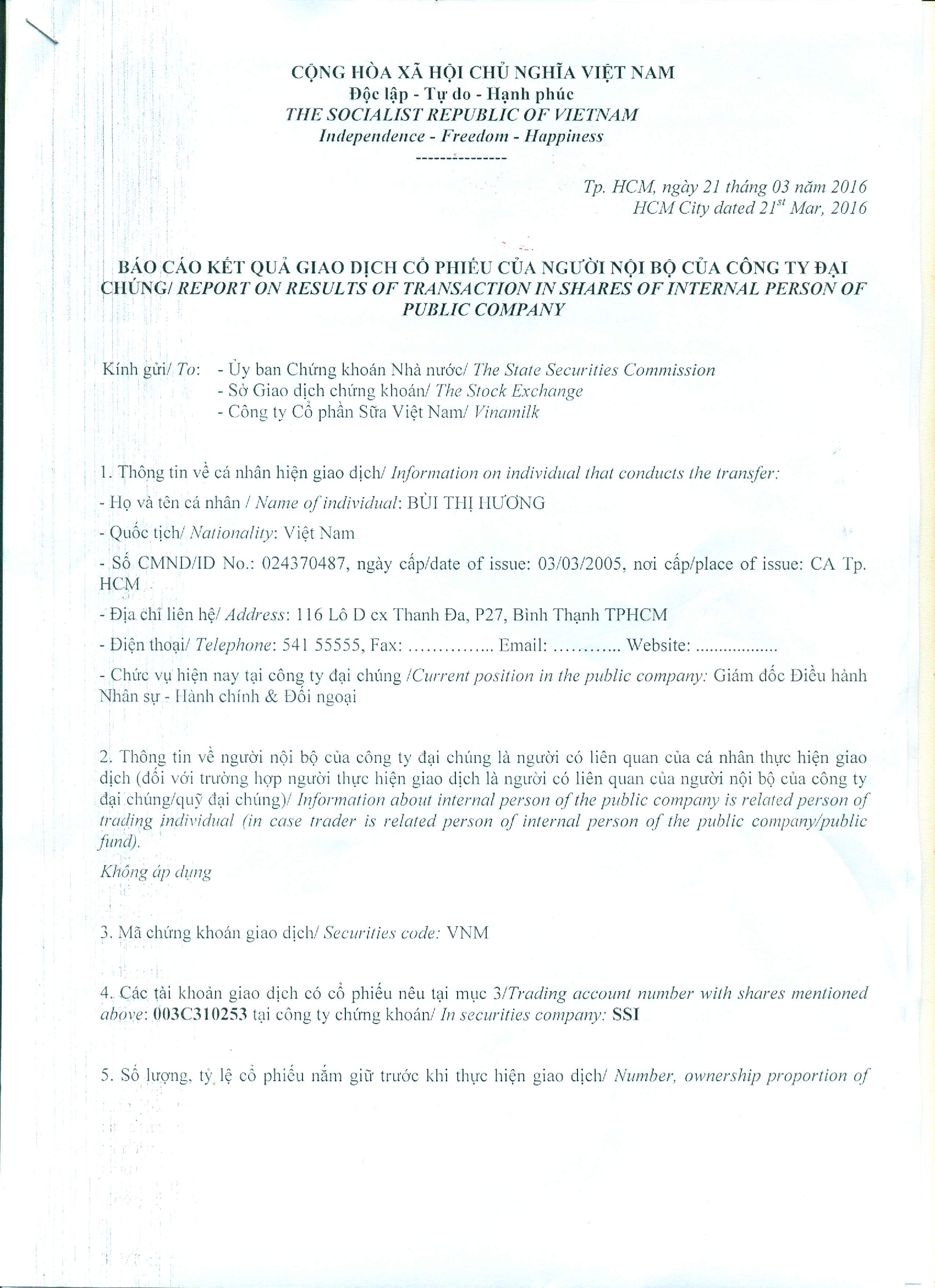 Báo cáo kết quả giao dịch cổ phiếu của người nội bộ  - Bùi Thị Hương 1