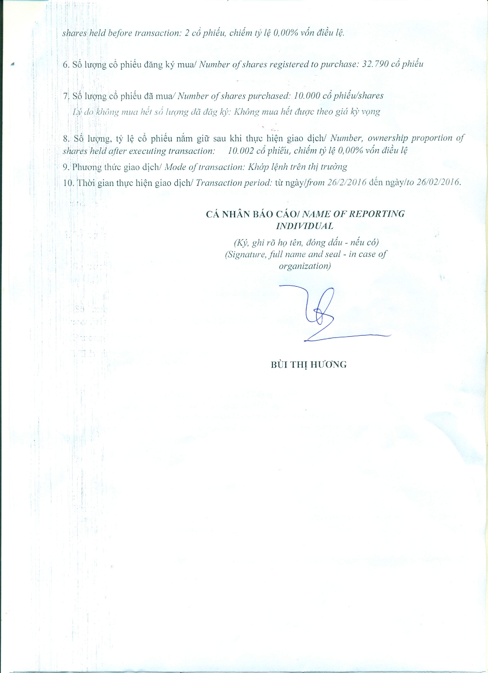 Report of results of transaction in shares of internal person of public company  - Bui Thi Huong 2