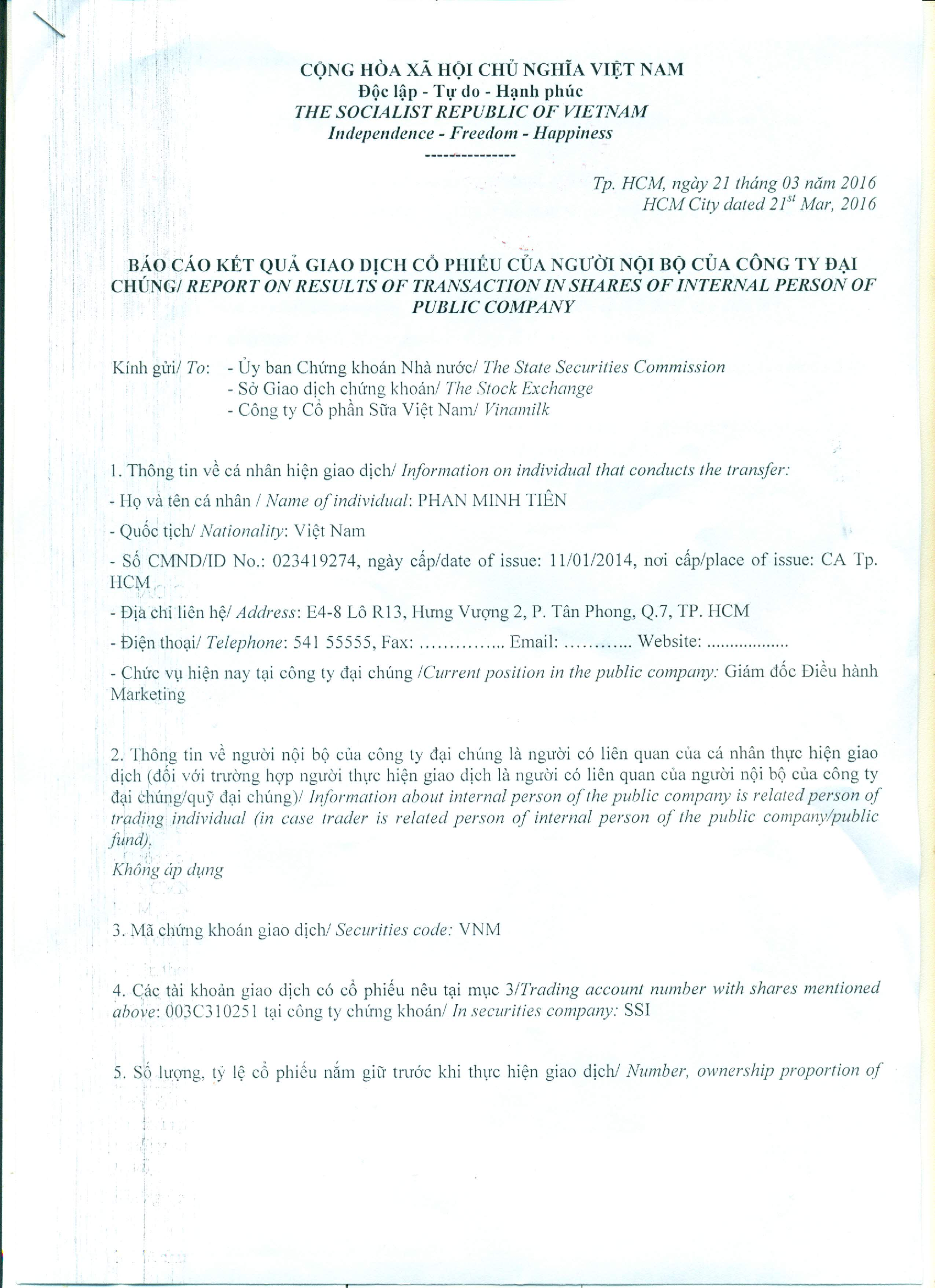 Báo cáo kết quả giao dịch cổ phiếu của người nội bộ - Phan Minh Tiên 1