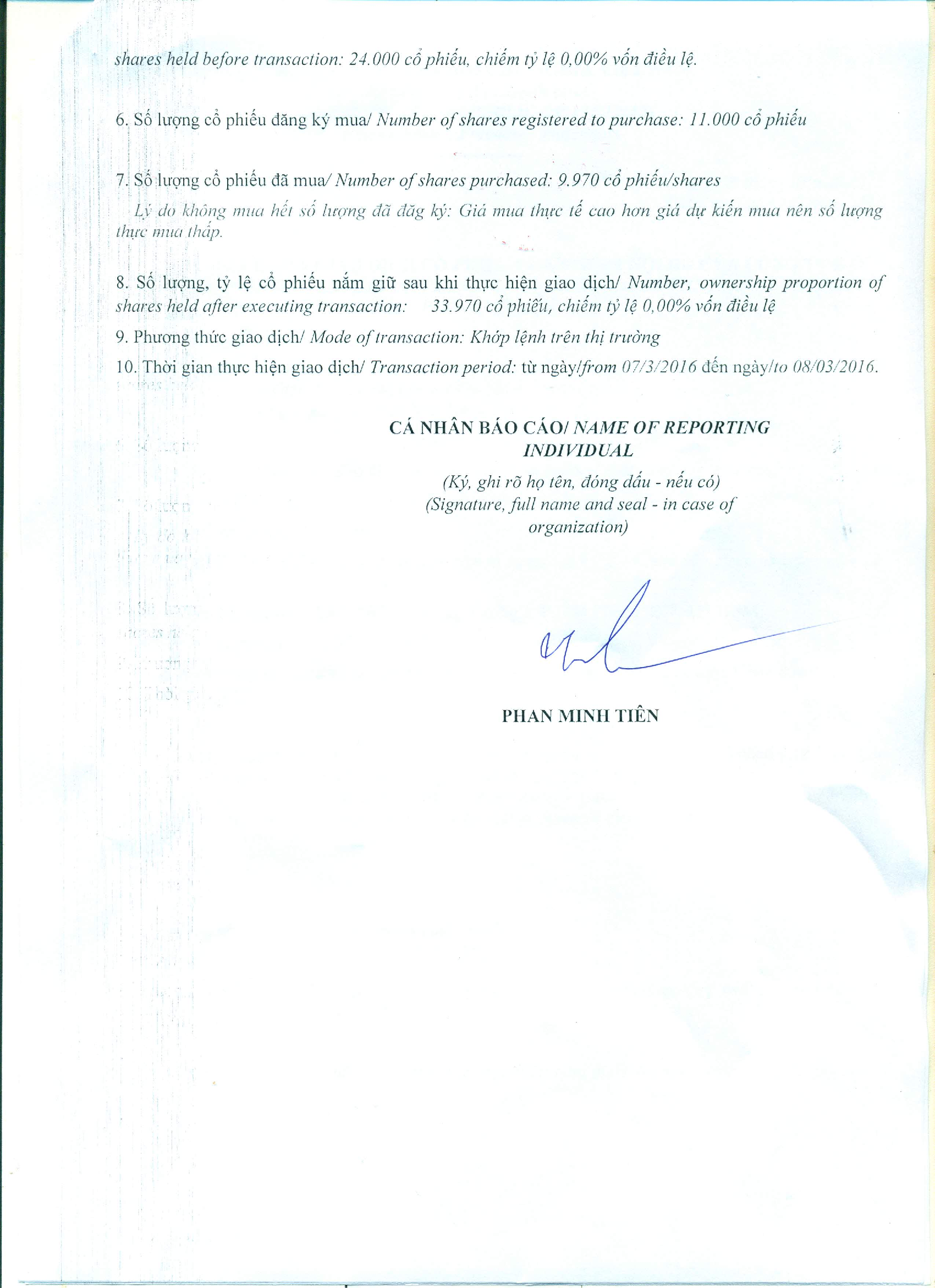 Report of results of  transaction in shares of internal person of public company - Phan Minh Tien 2