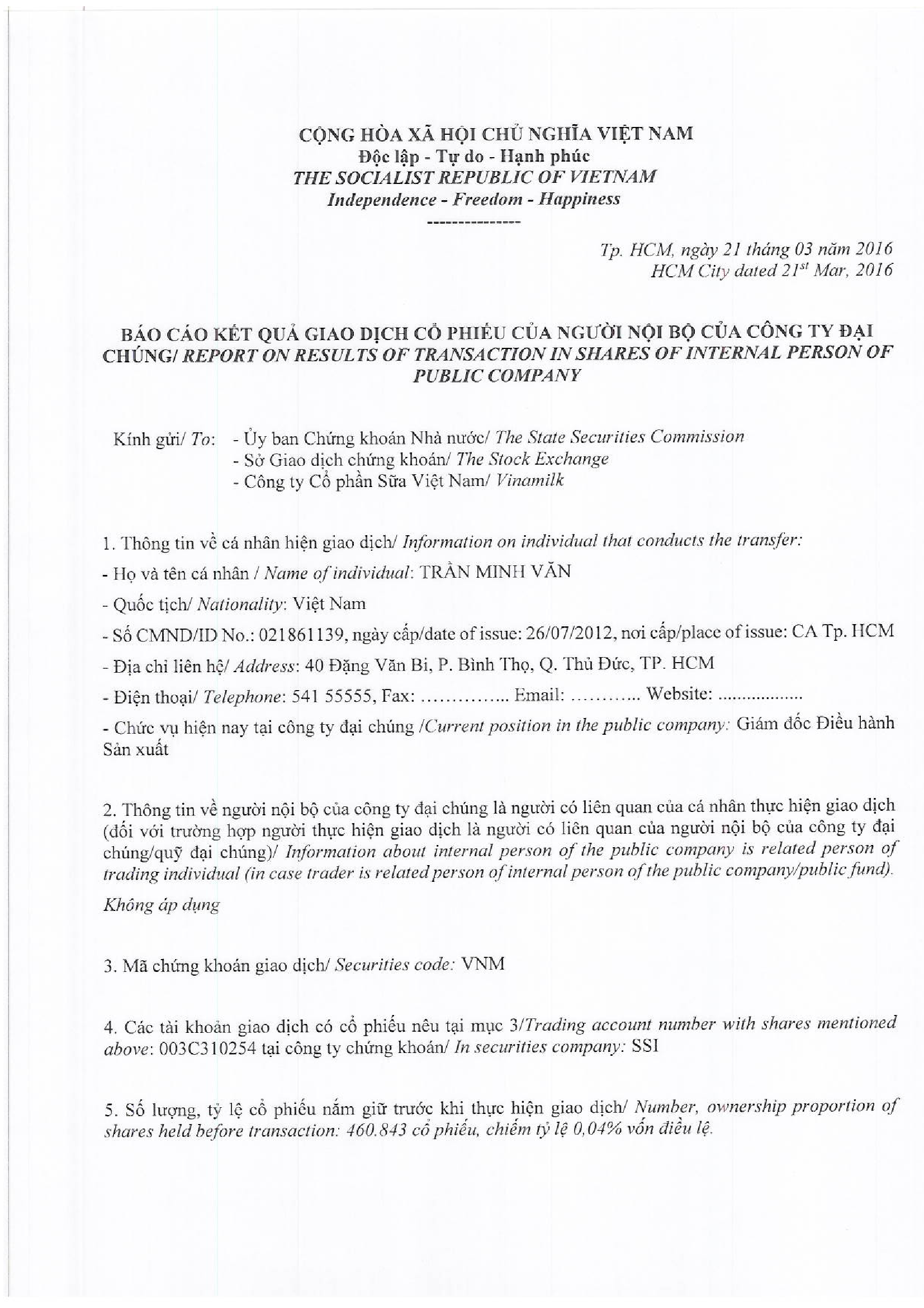 Report of results of transaction in shares of internal person of public company - Tran Minh Van 1
