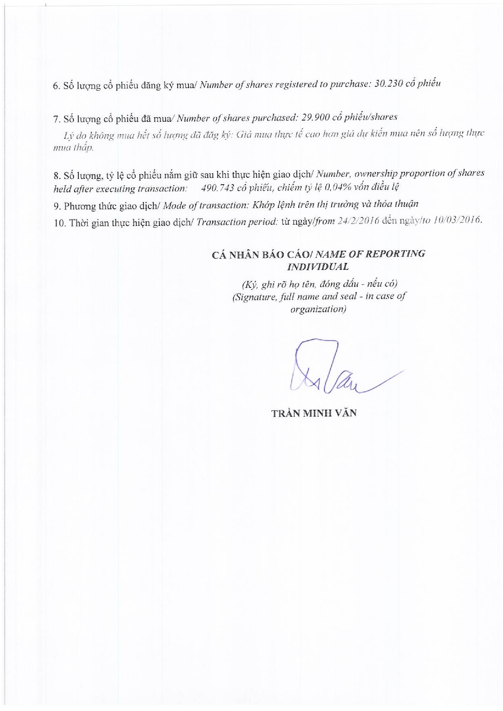 Report of results of transaction in shares of internal person of public company - Tran Minh Van 2