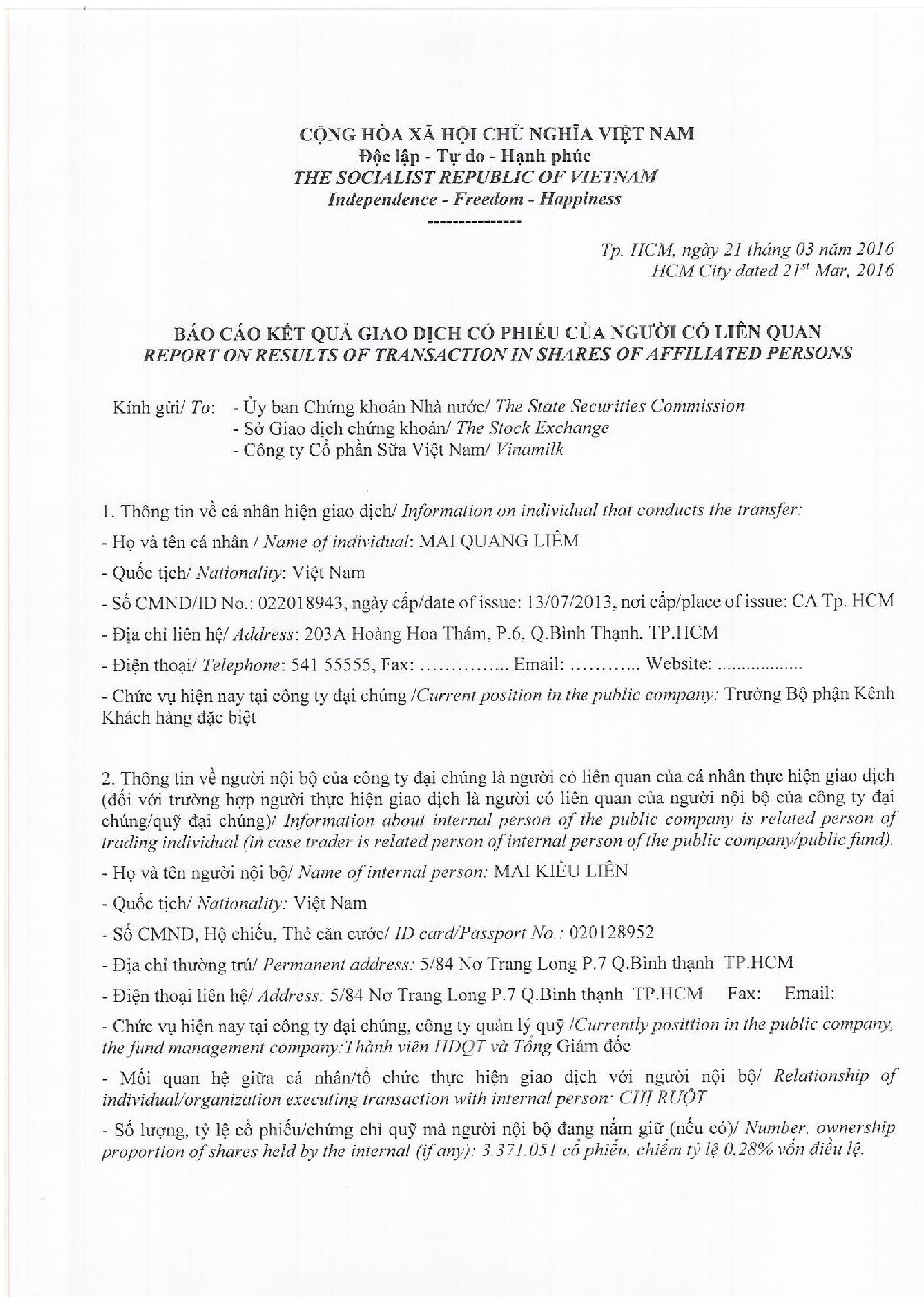 Report of results of transaction in shares of affiliated person - Mai Quang Liem 1
