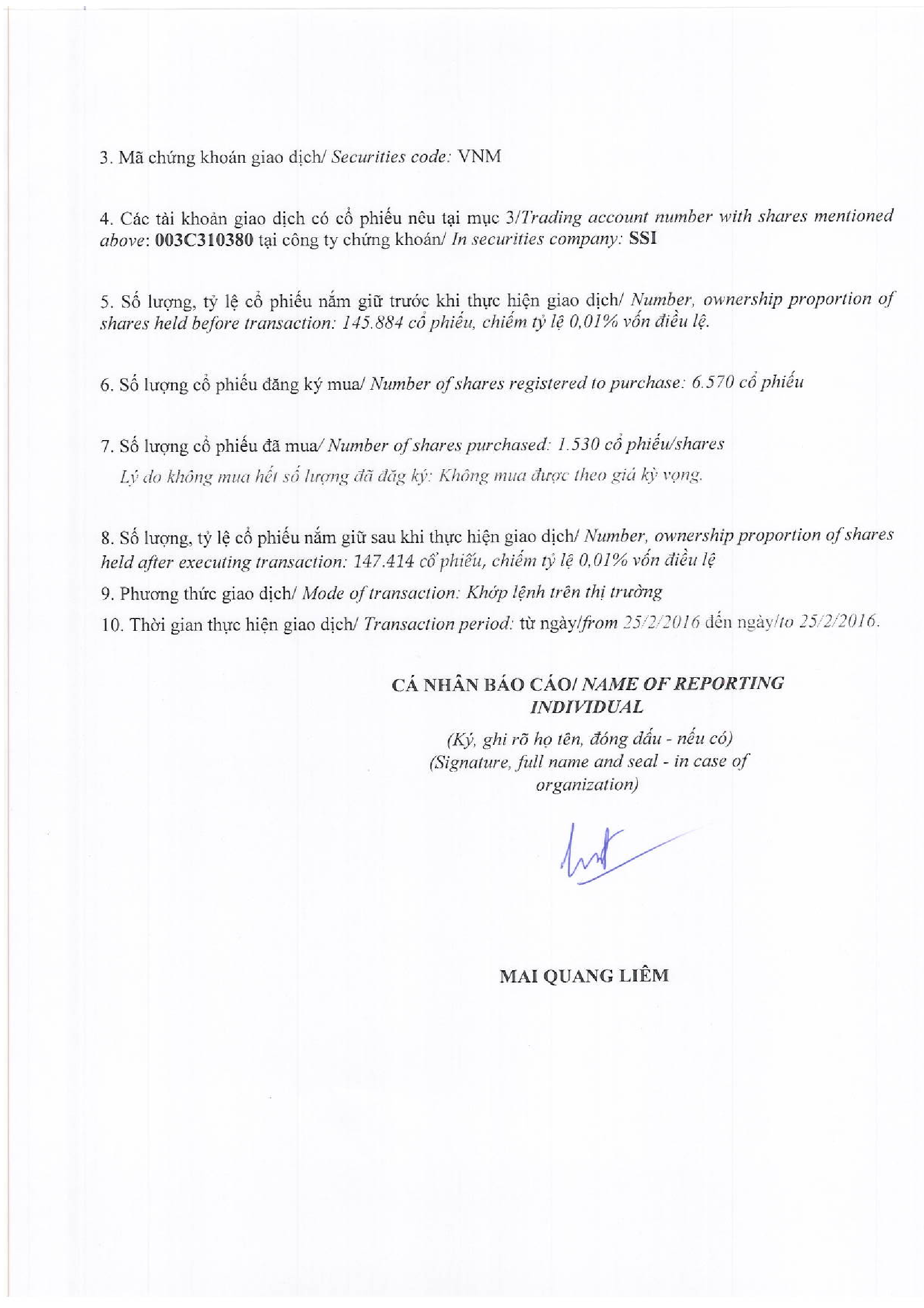 Report of results of transaction in shares of affiliated person - Mai Quang Liem 2