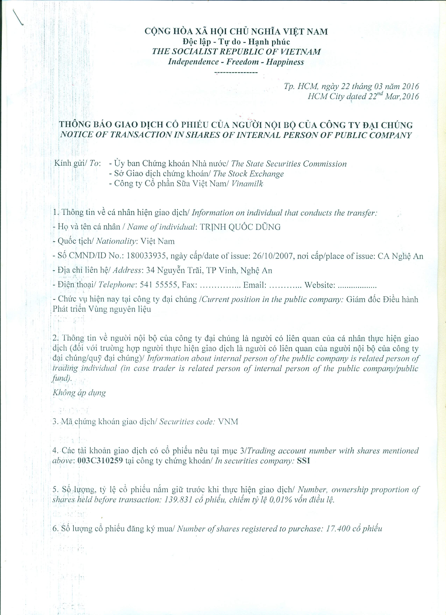 Notice of transaction in shares of internal person of public company (Adding) - Trinh Quoc Dung 1