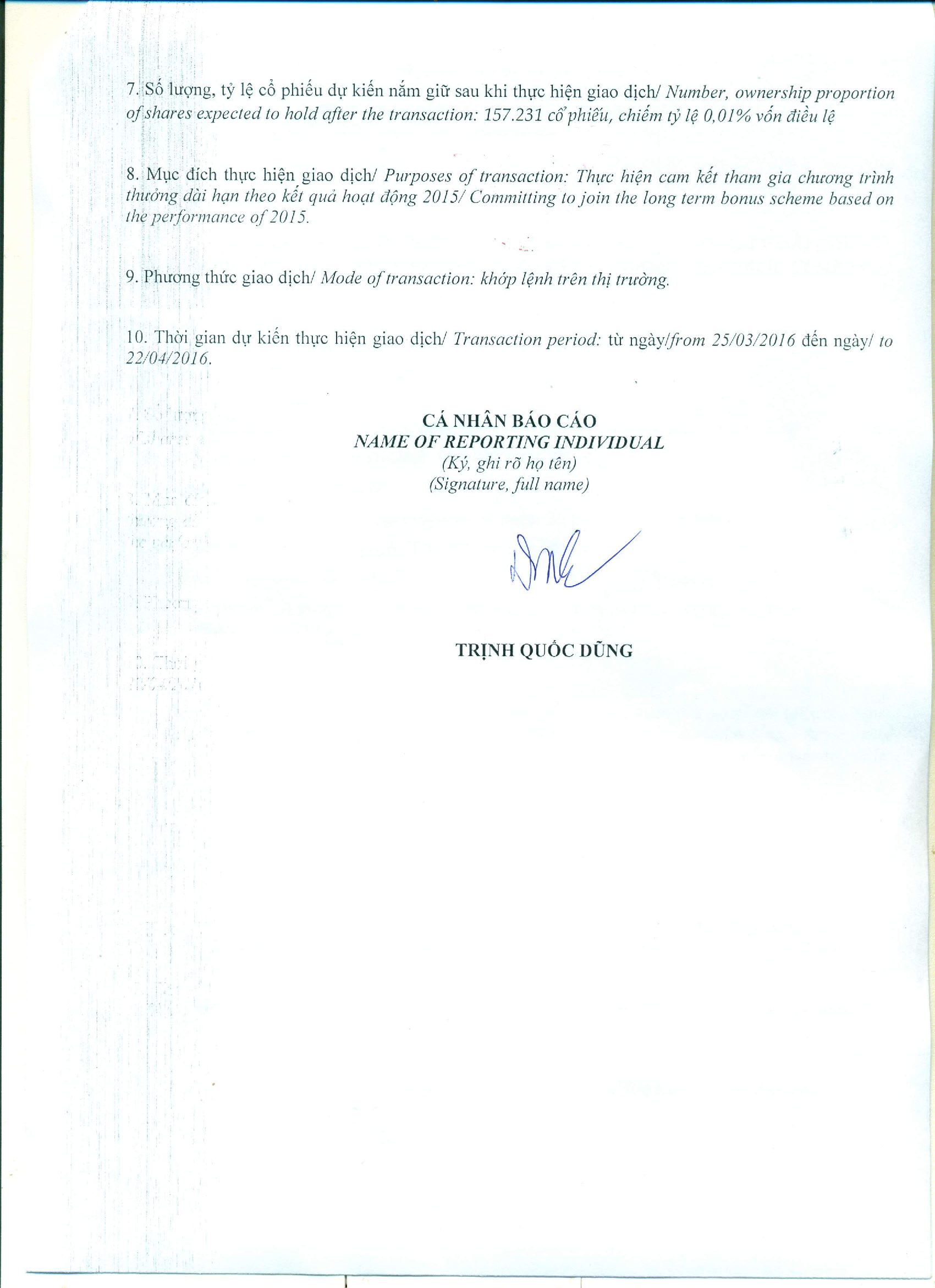 Notice of transaction in shares of internal person of public company (Adding) - Trinh Quoc Dung 2