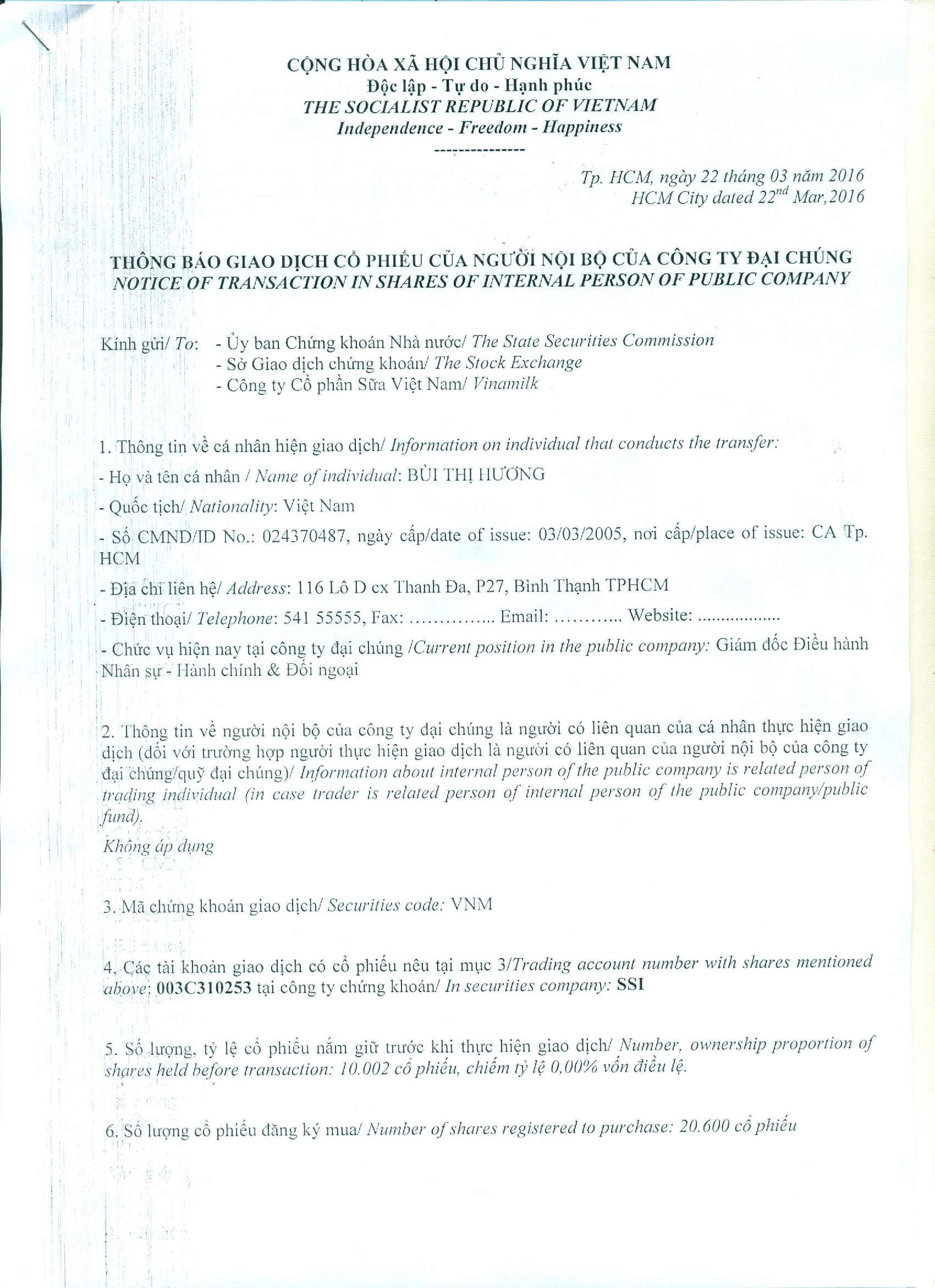 Notice of transaction in shares of internal person of public company (Adding) - Bui Thi Huong 1