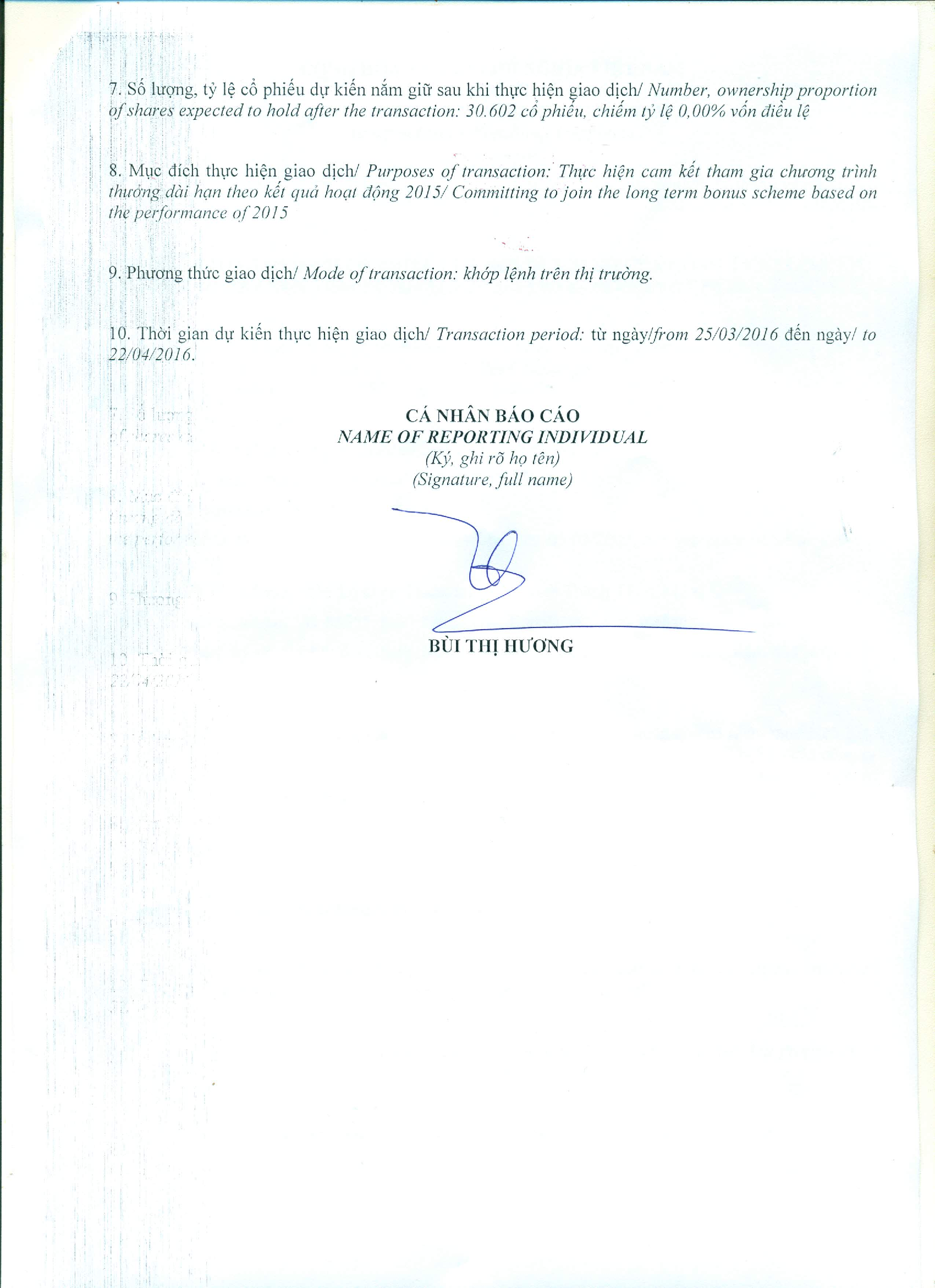 Thông báo giao dịch cổ phiếu của người nội bộ của công ty đại chúng (Bổ sung) - Bùi Thị Hương 2