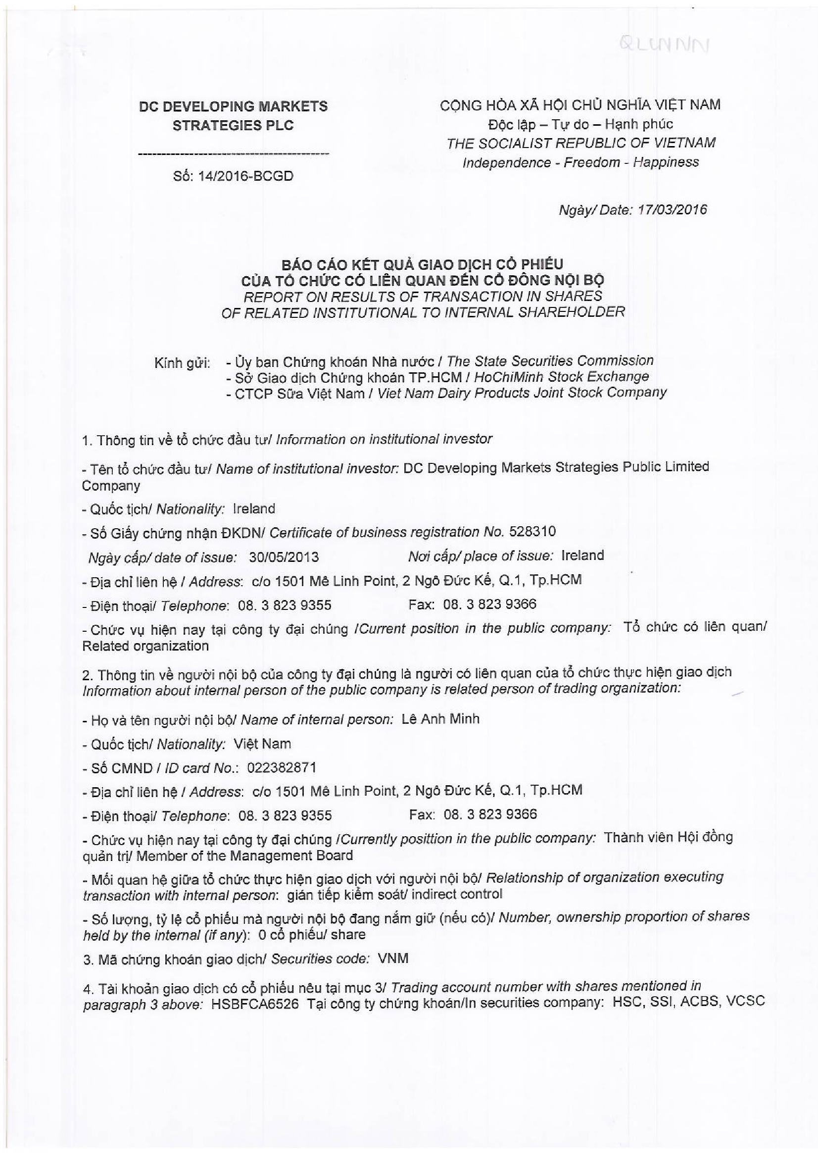 Report of results of transaction in shares of related institutional to internal shareholders 1