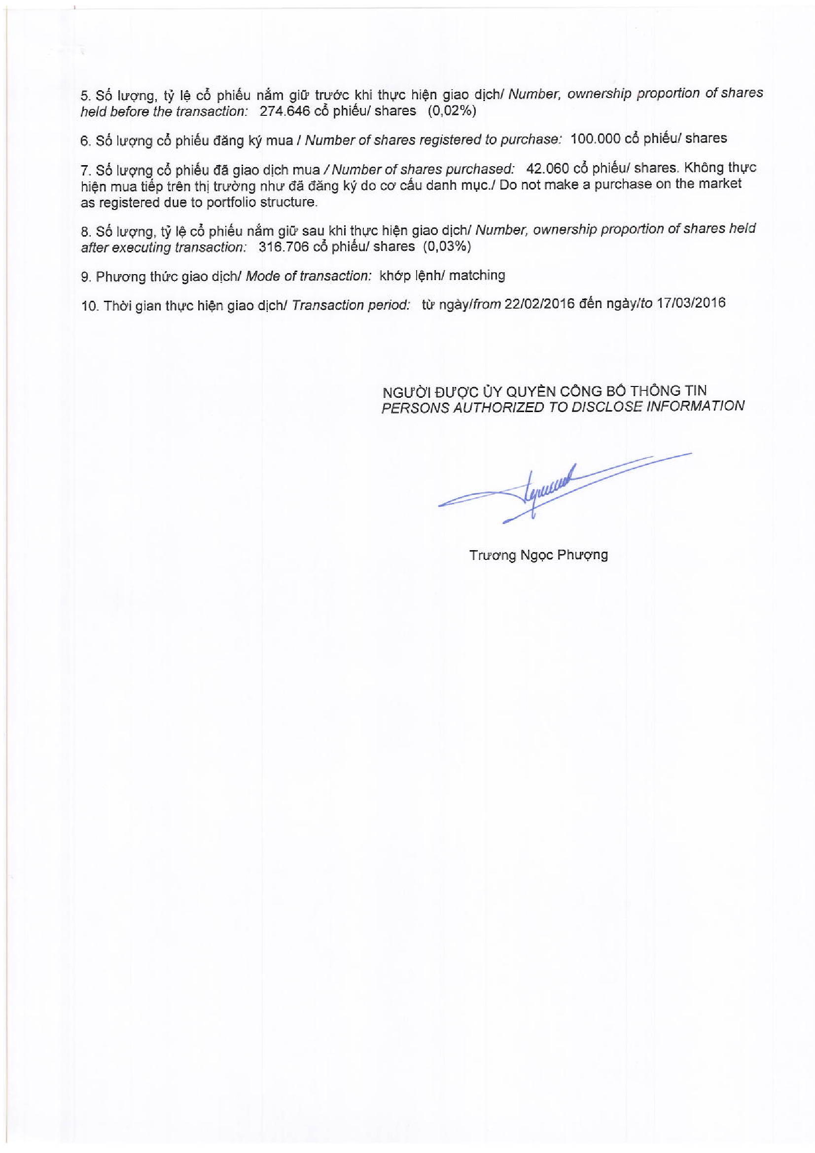 Report of results of transaction in shares of related institutional to internal shareholders 2