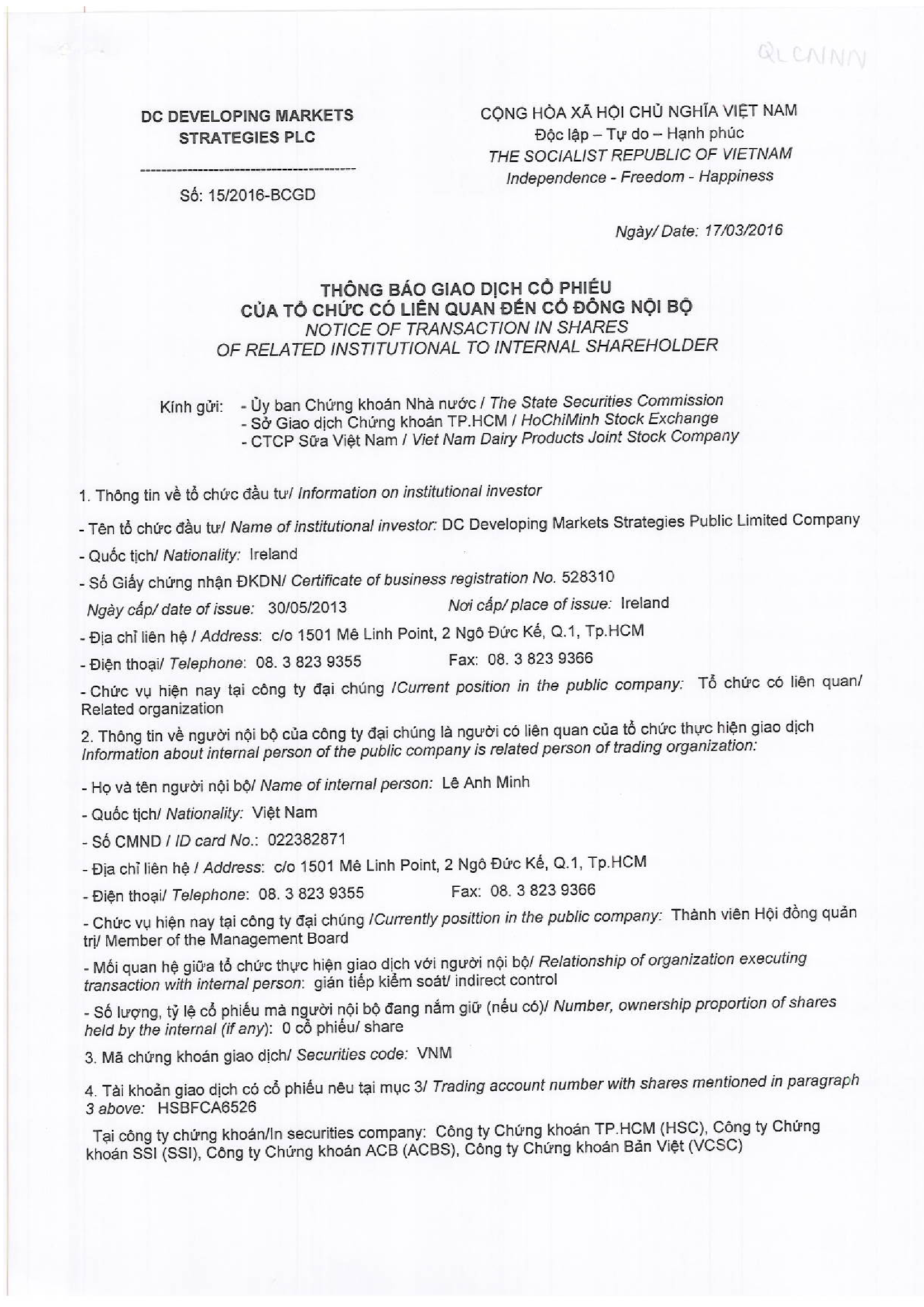 Notice of transaction in shares of related institutional to internal shareholders 1