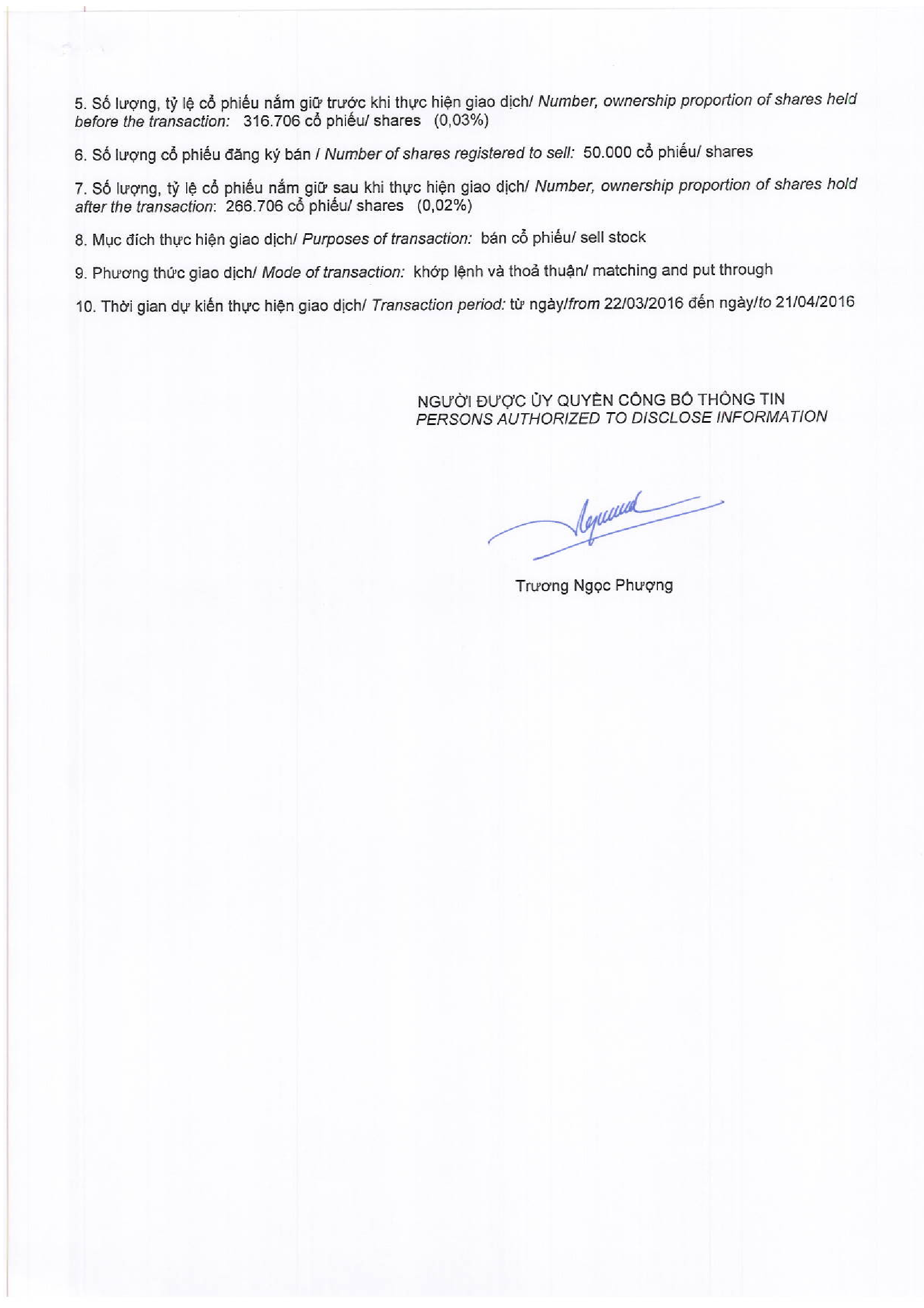 Thông báo giao dịch cổ phiếu của tổ chức có liên quan đến cổ đông nội bộ 2