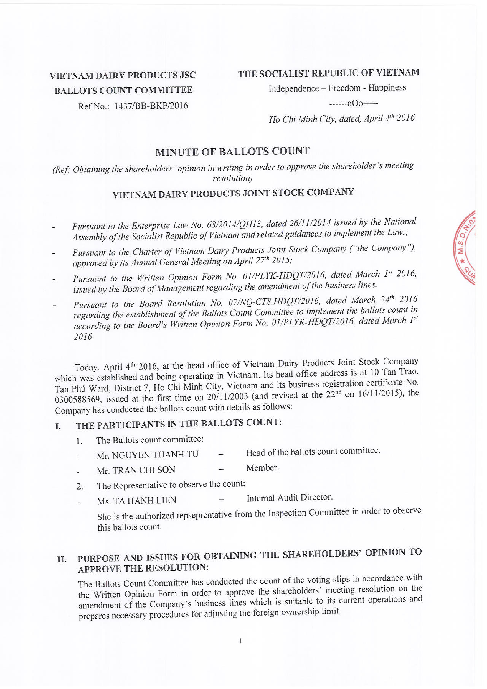 Minute of Ballots Count 1