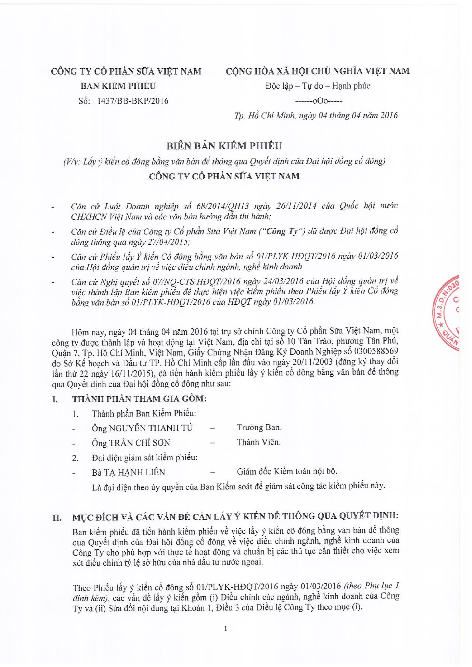 Biên Bản Kiểm Phiếu 1