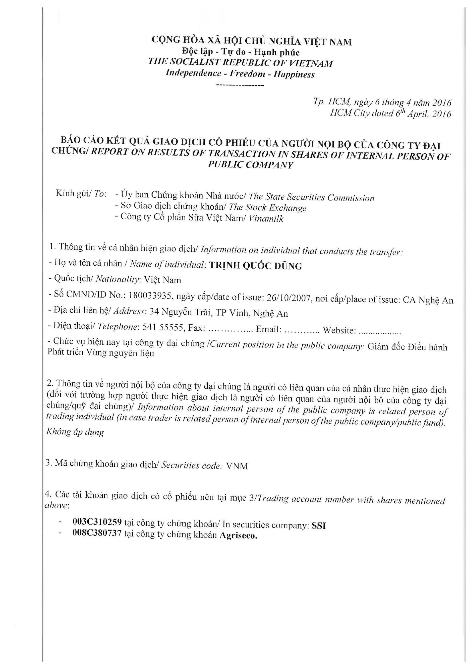 Report on results of transaction in shares of internal person of public company - Trinh Quoc Dung 1