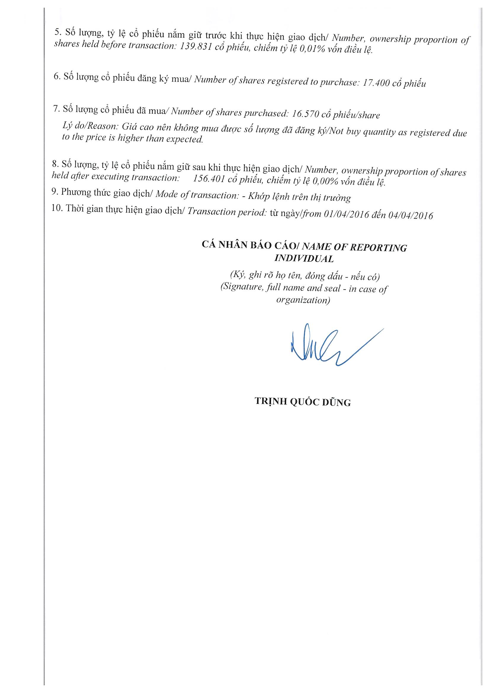 Report on results of transaction in shares of internal person of public company - Trinh Quoc Dung 2