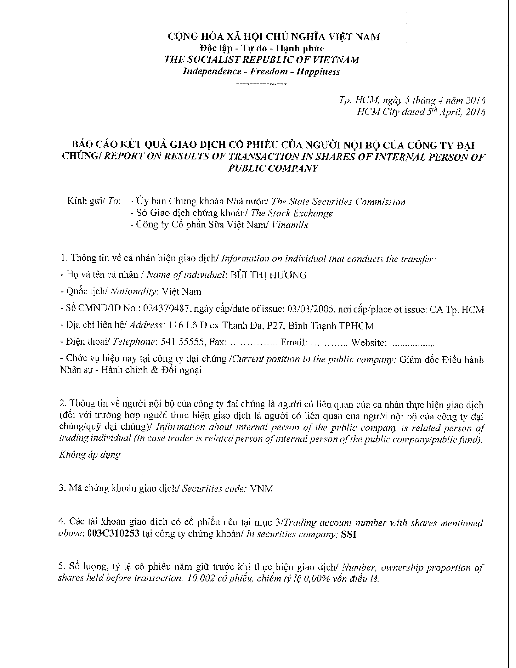 Báo cáo kết quả giao dịch cổ phiếu của Người nội bộ công ty đại chúng - Bùi Thị Hương 1