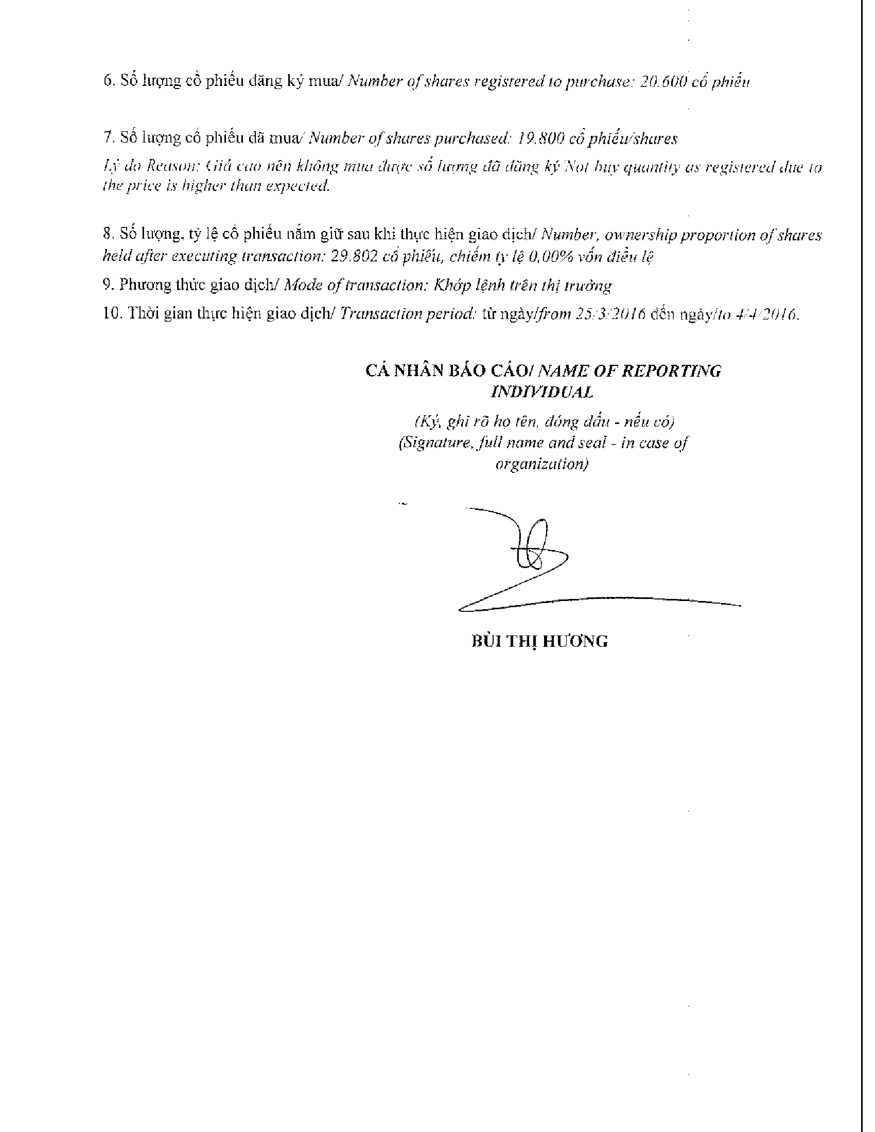 Report on results of transaction in shares of internal person of public company - Bui Thi Huong 2