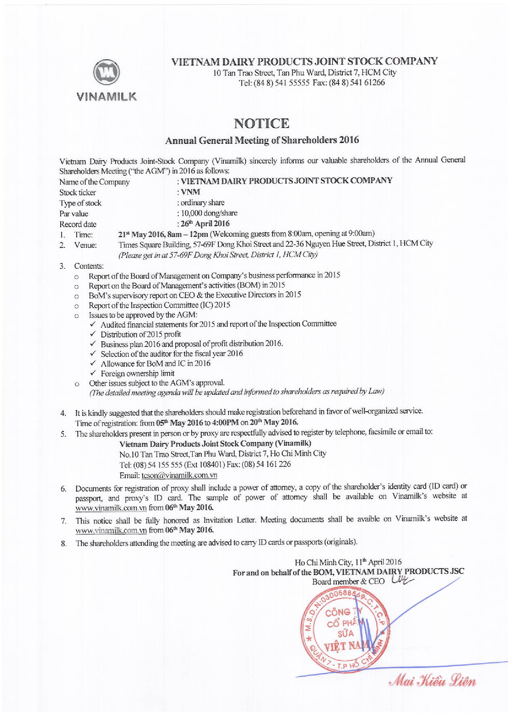 Vinamilk notices Annual General Meeting of Shareholders 2016 1