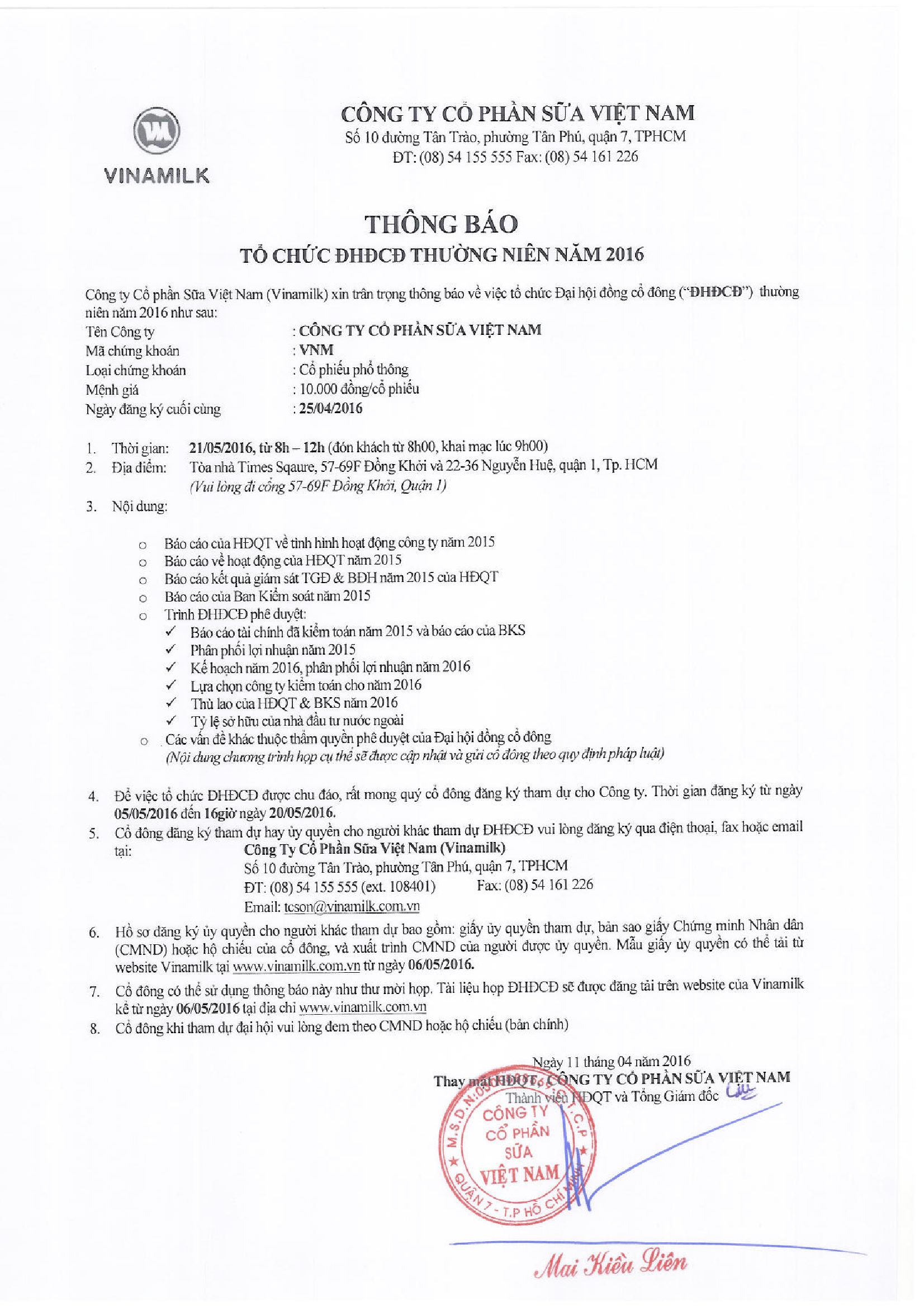 Vinamilk thông báo tổ chức Đại hội đồng cổ đông thường niên 2016 1